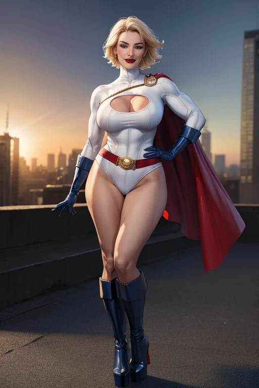 Power Girl da DC Comics, (best qualityer,4K,8k,high resolution,work of art:1.2)(weather: windy),battle ruins,ultra detali,realisitic,portraite,beautiful detailed blue eyes,beautiful detailed lips,extremely detailed eye and face,long eyelashes,sexly,average,large breasts,cleavage,flying hair,beaming smile,powerful girl in the air,combat pose,flexing,stunning curves,bright coloured,dramatic lighting,serene background,composition