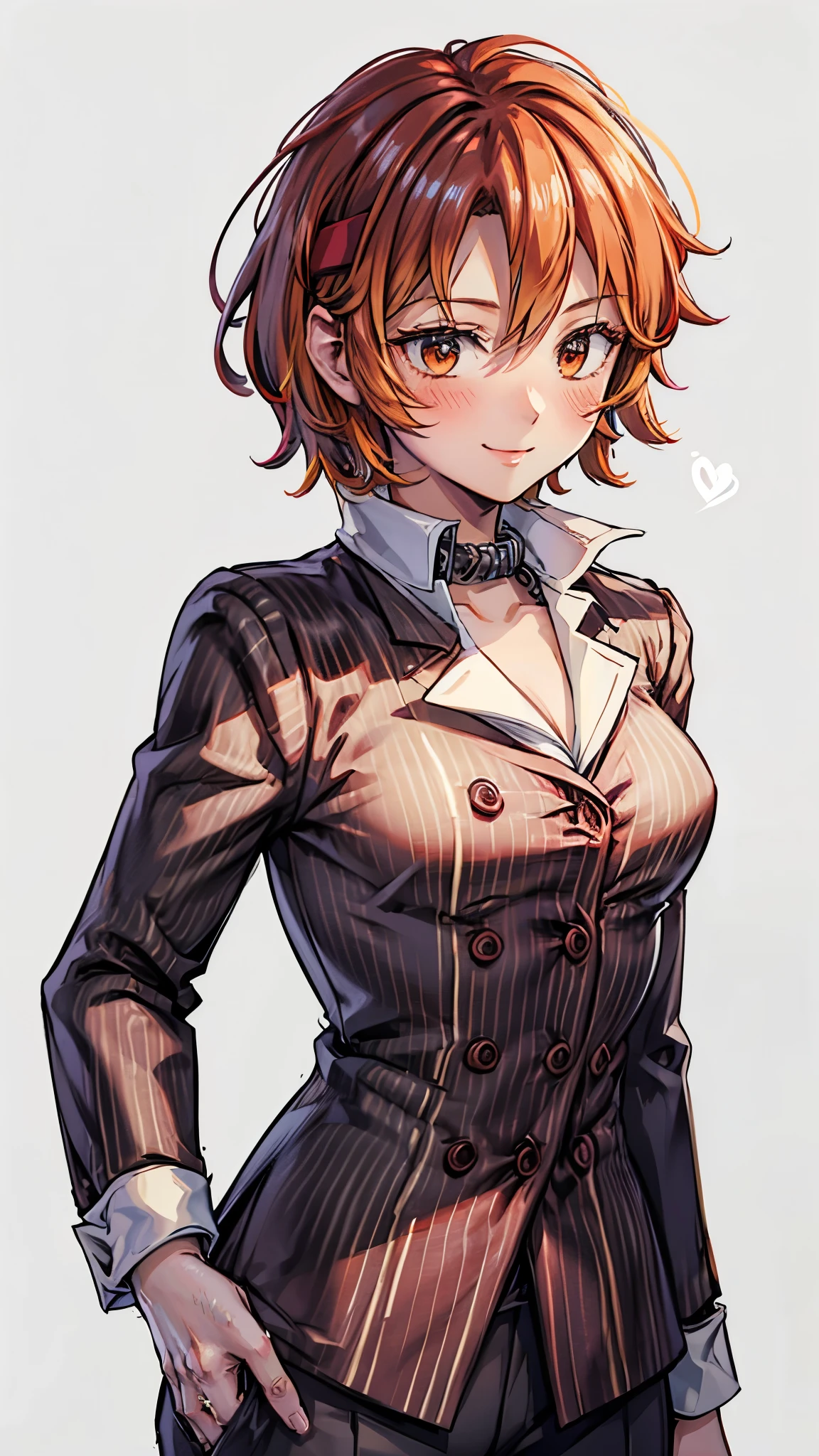 ( Super high quality, super high resolution,16k,super masterpiece,Ultra HD , detailed shading and background,)Upper body shot,Sexy woman, orange short hair, red headband , Sexy White Shirt ,black suit and pants with striped pattern,smile,blush,