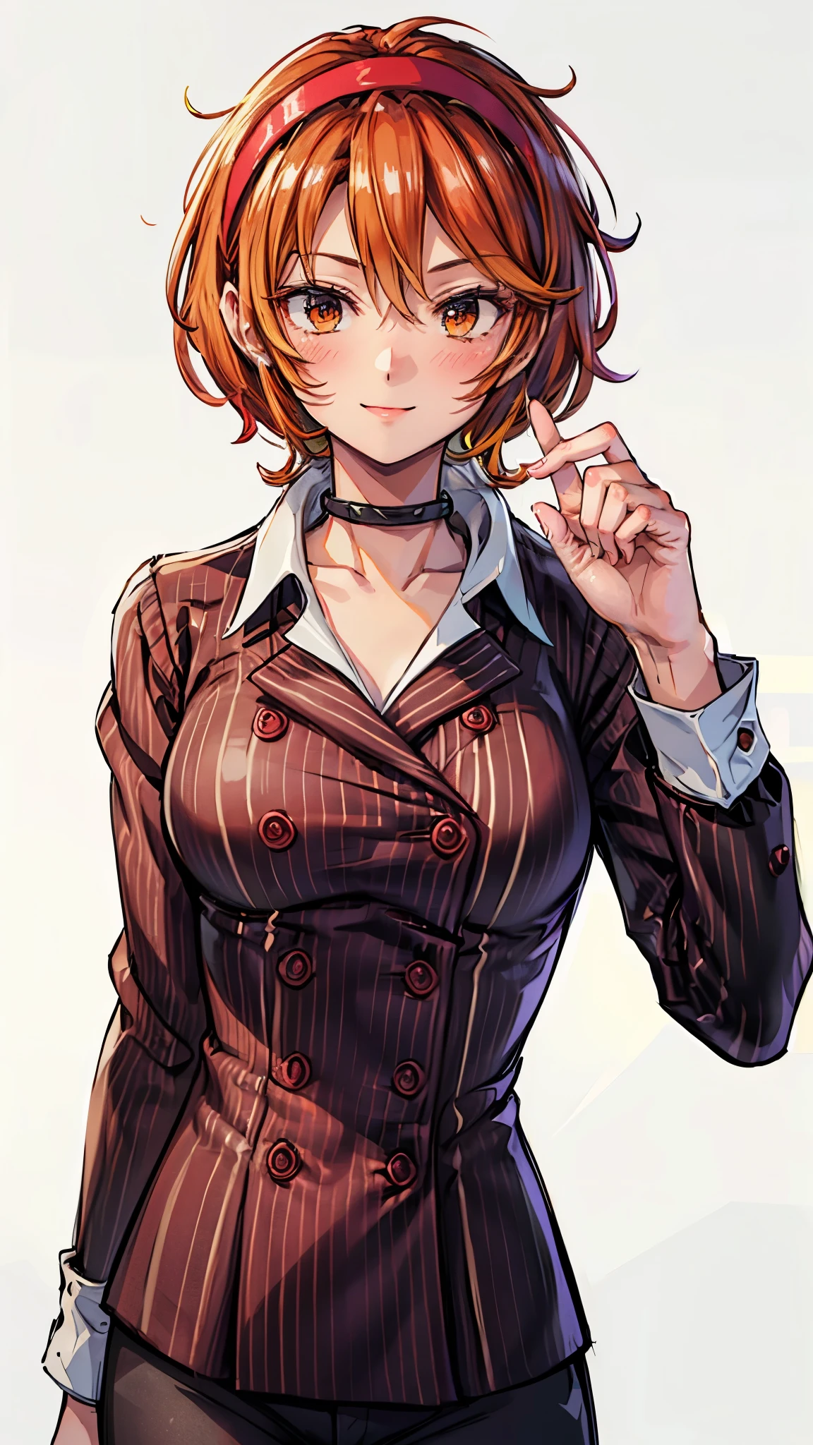 （ Super high quality, super high resolution,16k,super masterpiece,Ultra HD , detailed shading and background,）Upper body shot,Sexy woman, orange short hair, red headband , Sexy White Shirt ,black suit and pants with striped pattern,smile,blush,