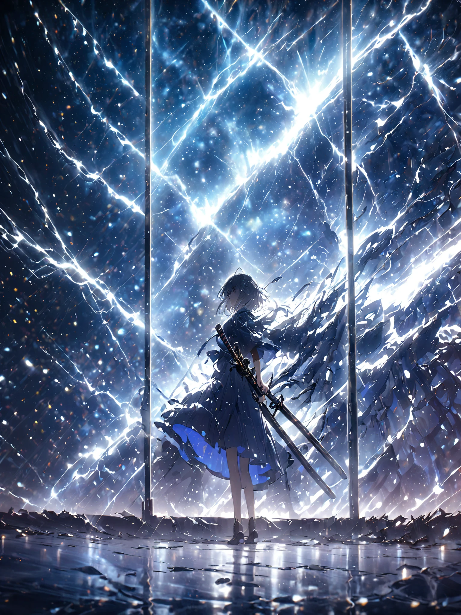 A mirror breaks in a straight line ,reflection, girl holding a Japanese sword,sorrow,Inside the building,Futuristic, thunder,night, starry sky