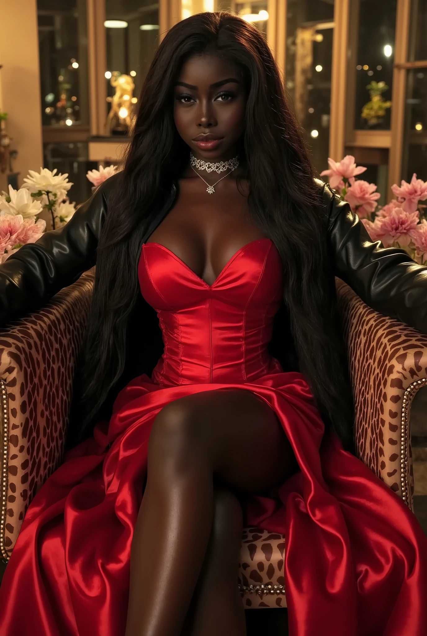 Foto hiperrealista en primer plano de Nyla Lueeth, masterpiece, best quality, (photorealistic:1.4), perfect oily skin, full body, (crimson red luxury long satin gown and crop black leather bolero:1.15), cinematic light, dark hair, seductive look. flirting with the viewer, perfect body, choker, low hanging necklace, detailed face, in a old abandoned factory, amber twinkle lights in background, romantic lighting, (surrounded by flowers:1,15), saturated, lounging in a vintage leather chair, leg crossed