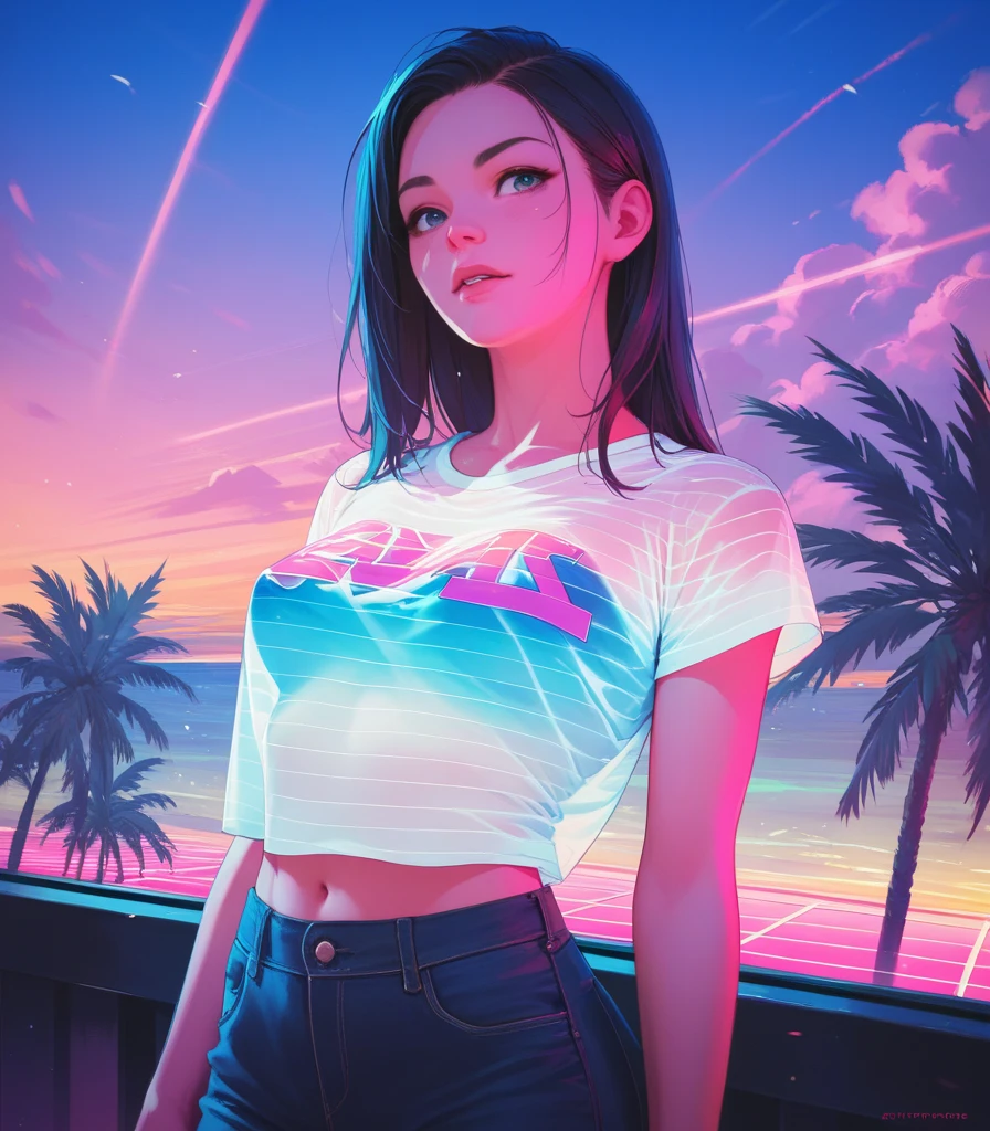 1girl, colorful theme, synthwave sky,(best quality, high quality, high resolution), realistic, ultra-detailed, highly detailed face features, absurdres, realistic lighting and reflections, highly detailed face features, see through shirt, best photo,high quality illustration