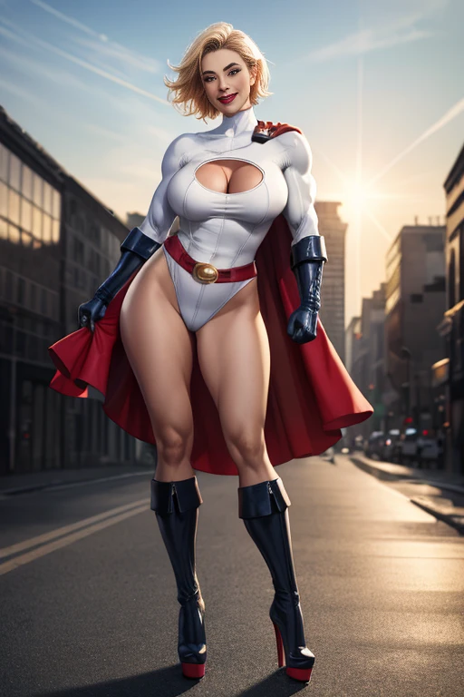 Sexy woman, large breast, full body, thick hips, thin waist, thick thighs,solo,
powergirl , boob window, white leotard, blonde hair, blue eyes, short hair, belt , red cape,smile,
(insanely detailed, beautiful detailed face, masterpiece, best quality), <lora:powergirl:0.8>