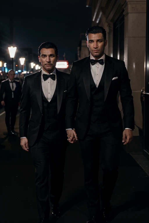 two handsome vampire males , gay couple ,refined , full body hunk , ,ultra realistic , spanish men , , , romantic , shirtless , beefcake , shading , shade , tanned , attractive , beefcake , hispanic , full length , wide view , realistic standing next of them¨*, a handsome dark haired male extremely handsome, elegant, clean shaven , both wearing a black jockstrap thong, , hunk , desire , seductive , stud , hunks , hunk , handsome hunk ,romantic, black suit , , standing in front of each other , refined , redifined , roses , rose