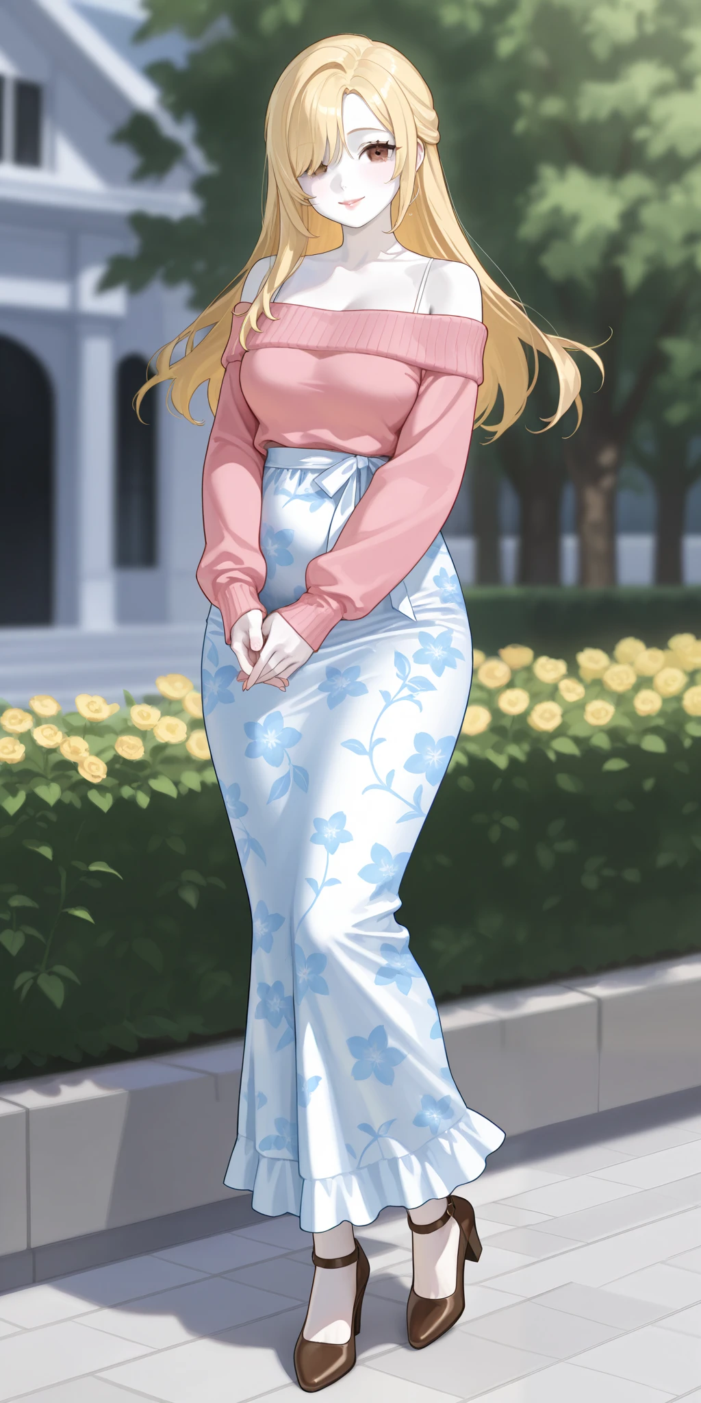 An extremely beautiful woman with blonde hair and a bang that covers one eye. She has extremely fair white skin, red plump lips, brown eyes, and a slim yet curvy body. She's wearing a long white floral dress with spaghetti straps, a pink sweater worn in an off-shoulder style, and brown heels. She's standing straight, smiling, hands joined together, park background, show full body.