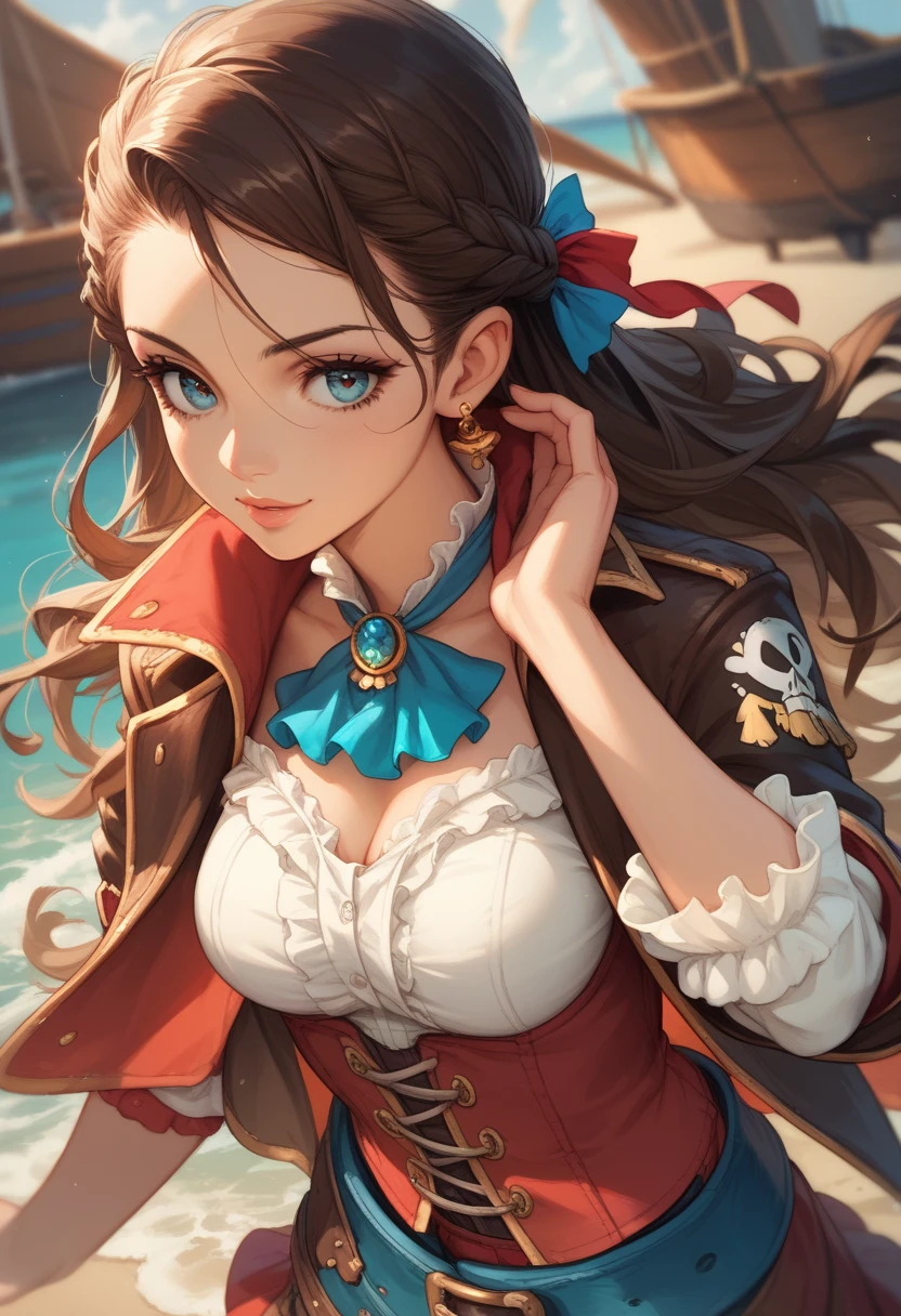 ((Finest quality)),(超A high resolution),(ultra-detailliert),(Meticulous portrayal),((Best CG)),(Finest works of art),Ultra-Precision Art,The art of astounding depiction, (Haihara:1.5),suns:1.5,breezing, (1 Female Pirate:1.5),Female Pirate:1.6,Grinning face,