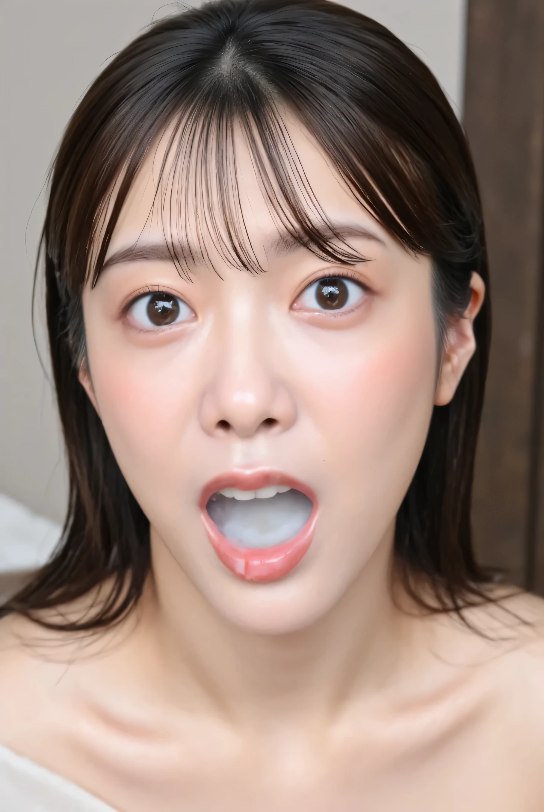 high resolution young Japanese female idol「Kakki」Photo of, Alone, 1 girl in the best, in off-the-shoulder dresses, focus on face , face close-up , is looking at me , straight black hair with bangs , blue-white skin, detailed face, detailed eyes , enchanting eyes, light makeup,
( mouth, After the blowjob、 ejaculates in mouth), Indoors,