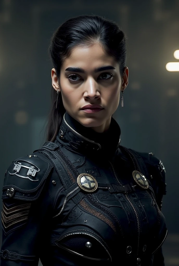 (photo of a gorgeous woman), ((messy hair)), (soft even lighting), (futuristic city behind), ((wearing sci-fi movie clothes)), detailed face, detailed eyes, ((medium body  portrait)), masterpiece, ((best quality)), (eye contact), looking at the viewer, centred, shot from front,  <lora:Saniya:0.9>, (day time)