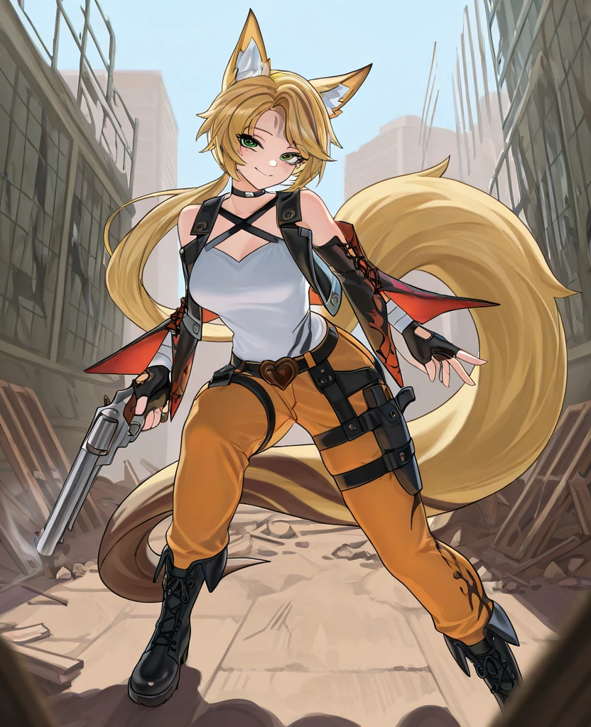 (absurdres, 8k, 4k, masterpiece, hyper extreme detailed:1.2), solo, front view portrait, best quality, portrait, solo, adult, cowboyshot, perfect anatomy, 1girl, perfect face, expressive eyes, perfect eyes, (masterpiece, best quality:1.2), leone, smile, arms behind head, blonde hair, cat ears, strapless, detached sleeves, scarf, belt, tail, midriff, large breasts, hands behind head, sarcastic, friendly, snarky, toned, muscular, athletic, dynamic pose, perfect face, belt, wind, windy hair, moving hair, moving clothes, flowing, messy hair, very long hair,