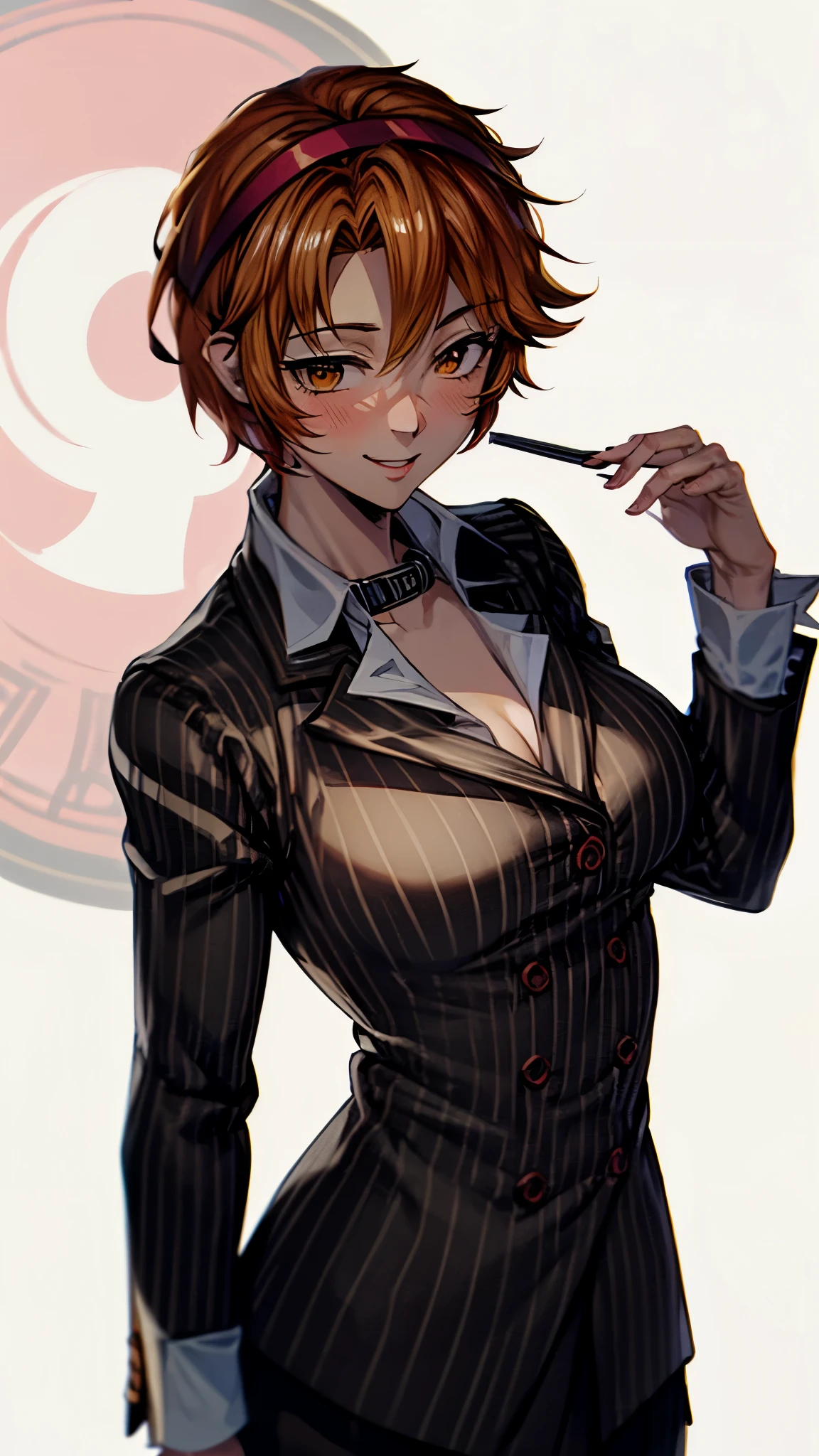（ Super high quality, super high resolution,16k,super masterpiece,Ultra HD , detailed shading and background,）Upper body shot,Sexy woman, orange short hair, red headband , Sexy White Shirt ,black suit and pants with striped pattern,smile,blush,Chinatown in the morning,