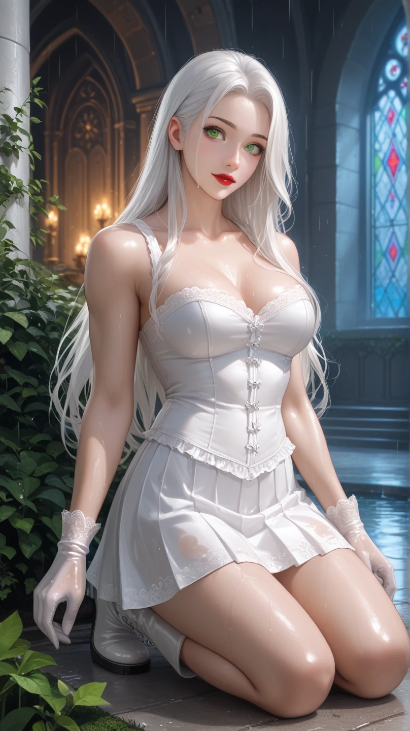 girl in a garden, beautiful detailed eyes, beautiful detailed lips, extremely detailed eyes and face, long eyelashes, white blouse with long sleeves and high collar, white cloak over the shoulders, intricate silver earrings and necklace, pointed ears, black miniskirt, black gloves, thigh-high white high-heel boots, long platinum-white hair tied in a ponytail, long hair strand framing the face, detailed blue eyes, sitting on a white marble bench under a tree, surrounded by white and blue flowers, in the courtyard of a medieval fantasy castle, hyper-realistic full figure, perfect body (wide hips) (thick thighs), photorealistic, realistically shaded perfect body, (large breasts), seductive anime girl, photorealistic render of anime girl, high quality 8k detailed art, oppai, realistic 3d anime, voluptuous body, 3d anime girl, highly detailed anime