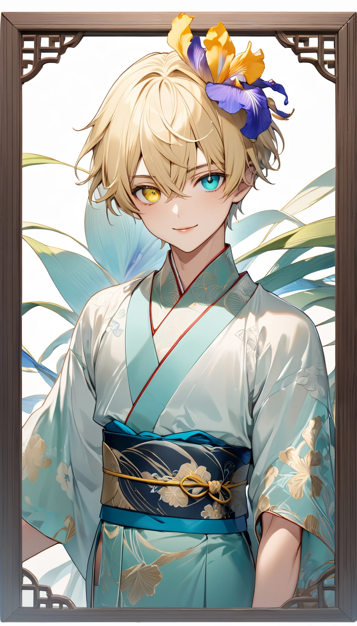  fresh illustration ,
Superfine painting,
 very delicate illustration ,
 Very fine details ,
1boy ,
(( standing))
Alone,
Height: 158cm,
Beige Skin,
Cheeks are ruddy,
((The iris on the left is medium aquamarine and the iris on the right is yellow ))
((Complete iris heterochromia )),
 beautiful eyes,
 large black pupils ,
Short short hair,
Blonde,
 the tips of the hair are whitish ,
 The hair has gradation ,
 shiny hair with makeup,
 young but beautiful and bewitching face ,
The lips are extremely small,
 is smiling,
 a small halo that shines brightly on the head ,
 the tips of the eyebrows are slightly lowered ,
 the upper body is worn in kimono ,
thin pectoral muscle,
 six pack,
 Slim waist,
 thin legs ,
 The lower body is long, transparent clothing in the style of a Chinese dress with slits on both hips,
The color of the obi is red ,,
 the obi is tastefully embroidered with silver thread ,
 fine fabric clothing ,
 jockstrap underwear ,
 the thigh strap cuts into the skin ,
Are the tips of long boots Japanese style,
Isometric,
 golden ratio,
god々 atmosphere,
 wearing a padded collar innerwear ,
 white background,
 tactical use of shadows ,
 the ring of the head and hair fit inside the frame ,
Clothes fit inside the frame ,
(( full shot))
 facing the front,