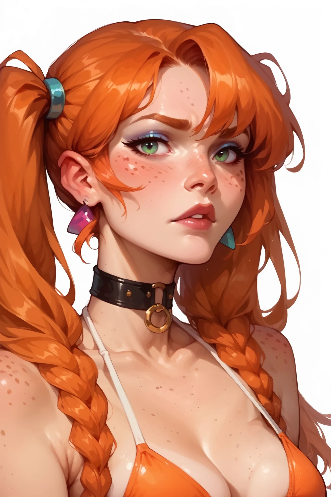 score_9,score_8_up,score_7_up,1girl, orange hair in twintails, choker, freckles, bikini, portrait