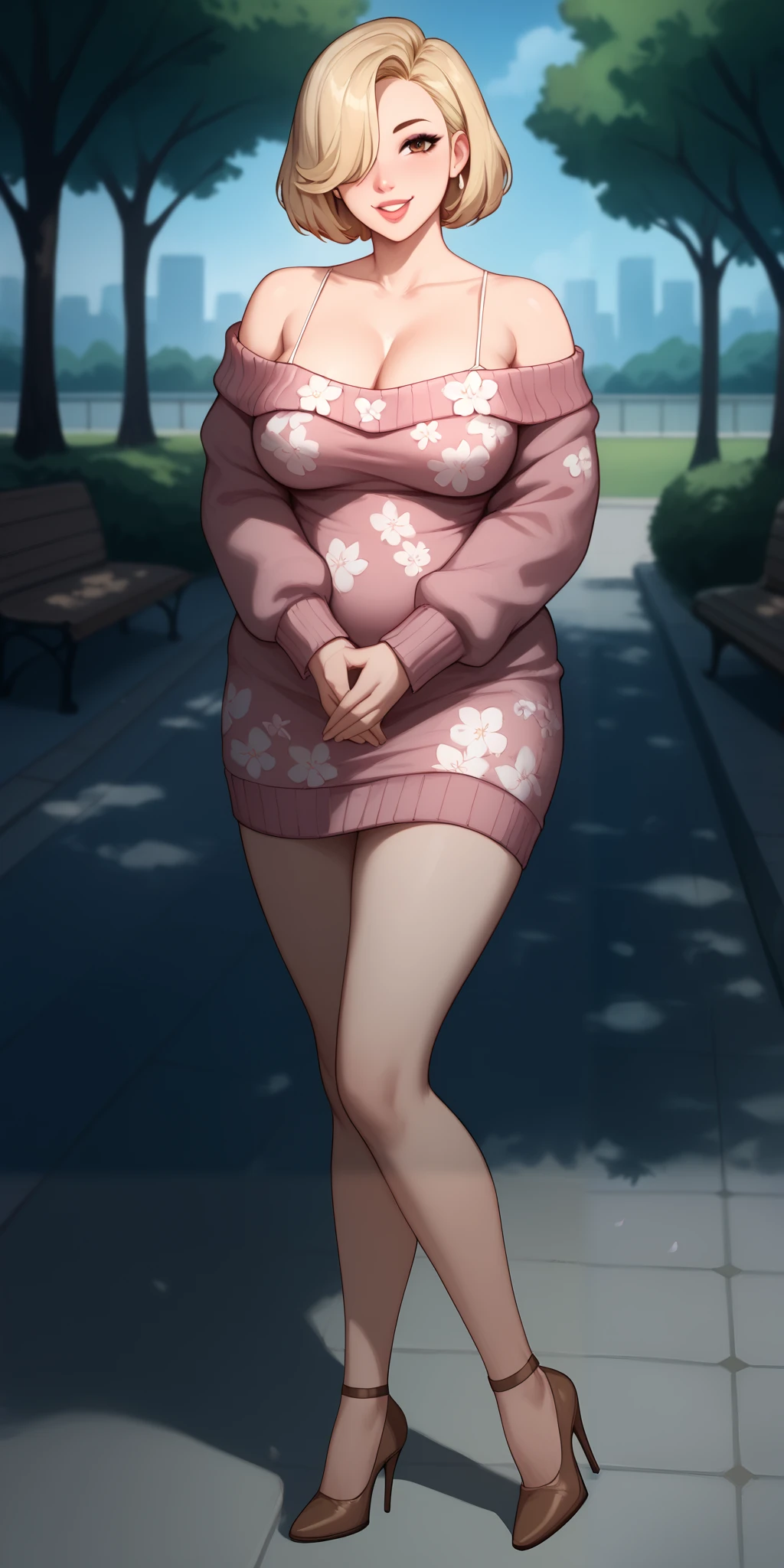 An extremely beautiful woman with blonde hair and a bang that covers one eye. She has extremely fair white skin, red plump lips, brown eyes, and a slim yet curvy body. She's wearing a long white floral dress with spaghetti straps, a pink sweater worn in an off-shoulder style, and brown heels. She's standing straight, smiling, hands joined together, park background, show full body.