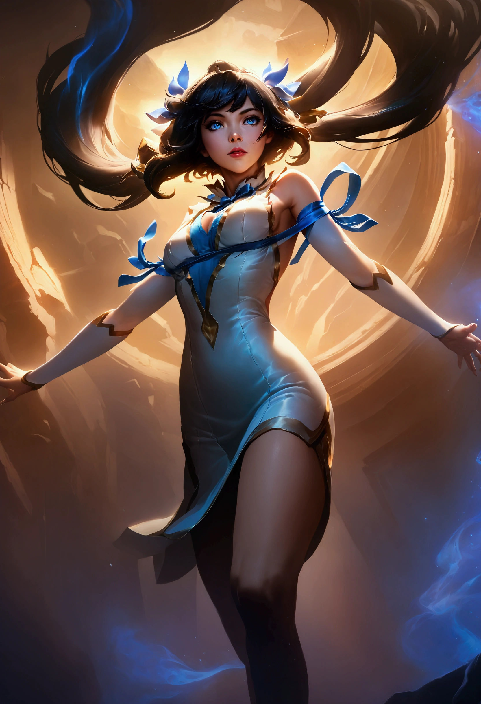 Hestia stands at the center of a glowing, broken temple, exuding warmth and divine energy. Her iconic blue ribbon flows dynamically around her, complementing her twin-tailed black hair that swirls in a celestial breeze. She extends one hand toward the viewer in a welcoming gesture while clutching her ribbon with the other, her bright blue eyes glowing with confidence and care. Behind her, Bell Cranel’s silhouette stands ready with his dagger, symbolizing their bond and her role as his protector. The scene is bathed in golden light, with swirling embers and blue flames adding motion and contrast, capturing her mythic grace and playful charm. anime wallpaper, UHD, 8k, detailed, cinematic, Goddess Hestia hestia, black hair, blue eyes, long hair, twin tails, white dress, center opening, blue ribbon, rei no himo,hestia, black hair, blue eyes, long hair, twin tails, white dress, center opening, blue ribbon, rei no himo,,Illustration, detailed illustartion, (dynamic pose) (dynamic angle) (dynamic light), backlight, focus on character, detailed background, semi realistic, masterpiece, dynamic