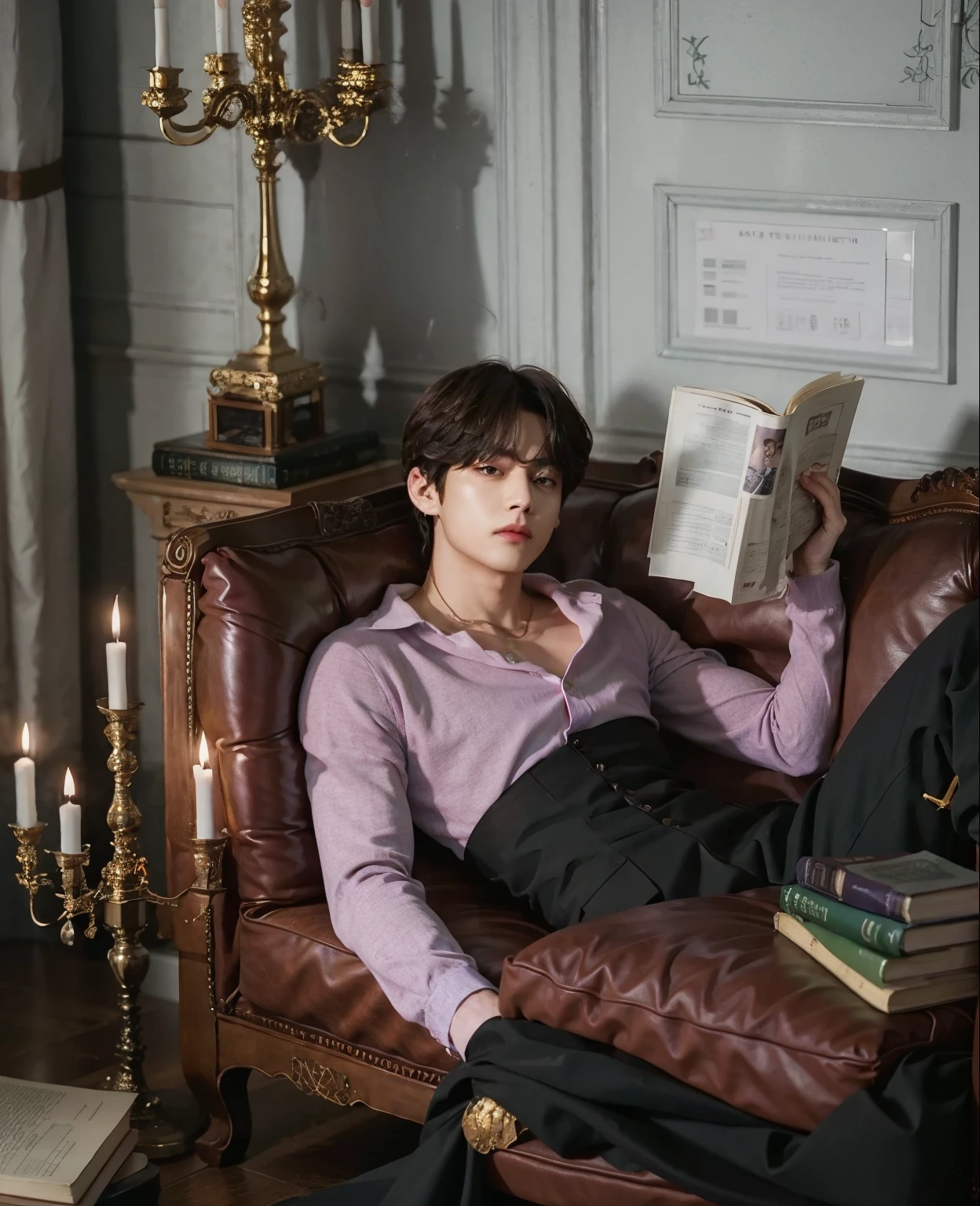 Taehyung is BTS, muscular and marked, read a book, angry face