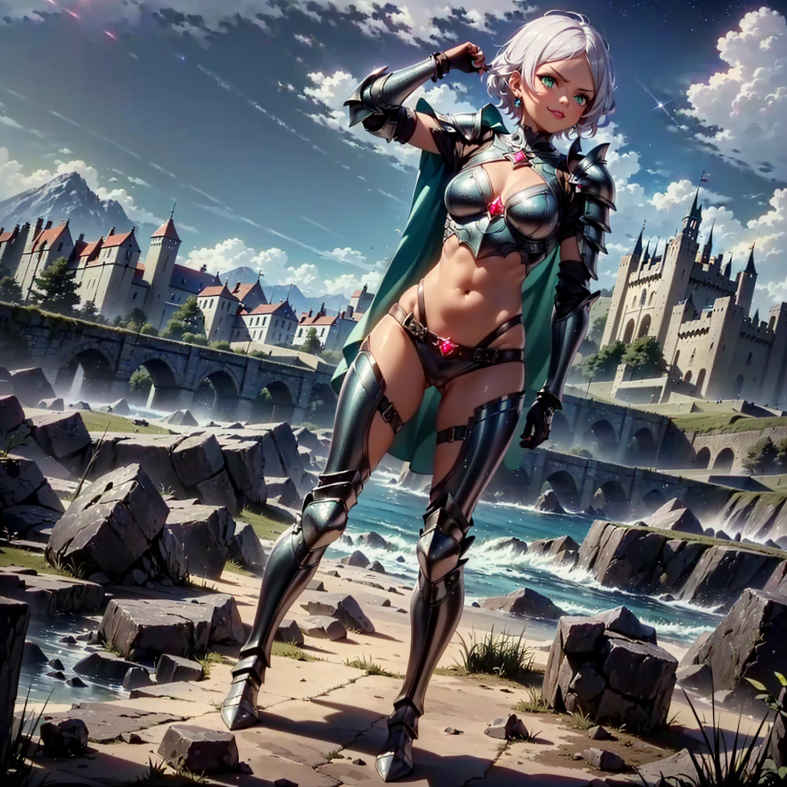 NSFW, Nasty Elf Race Fighter, Adventurer, Anime Style Woman, Slim, Huge Breasts, Abs, Muscles, Full Length Figure, Dynamic, Silver Short Hair, Green Eyes, Slanted Eyes, Hair Between the Eyes, Messy Hair, Gentle and Attractive, Bare Shoulders, Delicate and Sexy Clavicle, Full Body Photo, Attractive Oval Face, Double Eyelids, Pink Lips, Small Nose, Ultra High Definition, Ultra Detail, Elegant Posture, Ultra-fine translucent micro bikini armor, bite, glitter skin, sweat, thigh emphasis