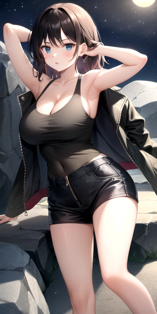 masterpiece, best quality, highres, high detail, beautiful woman, wavy hair, (pink hair), (blue eyes), ((blue tank top and unbuttoned jacket)), ((long black skirt)), midi pencil skirt, midriff, leather boots, wearing headphones, bracelets, looking at viewer, rainy backdrop, storm, clouds, garden, park, lake, (cloudy sky),