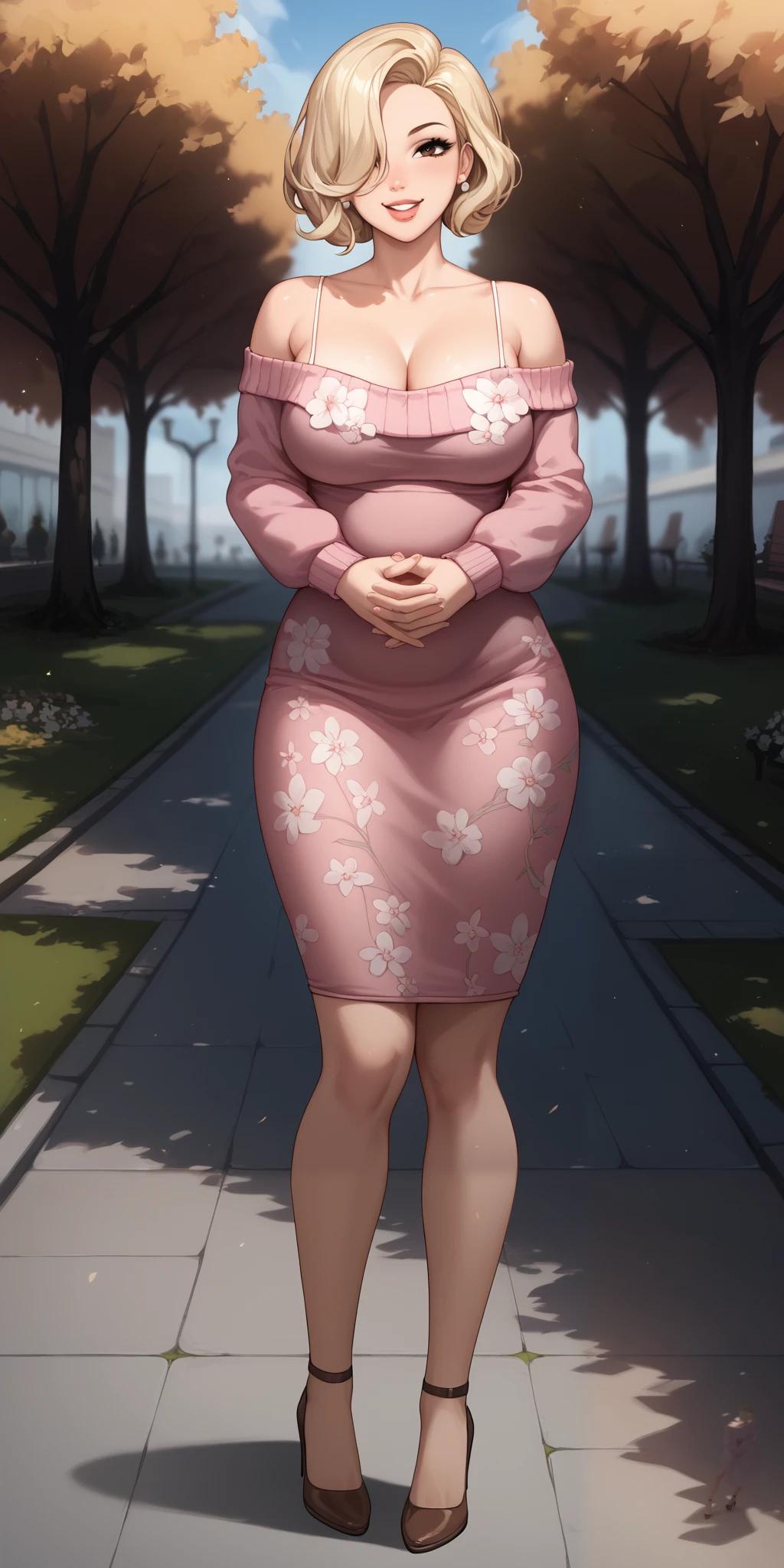 An extremely beautiful woman with blonde hair and a bang that covers one eye. She has extremely fair white skin, red plump lips, brown eyes, and a slim yet curvy body. She's wearing a long white floral dress with spaghetti straps, a pink sweater worn in an off-shoulder style, and brown heels. She's standing straight, smiling, hands joined together, park background, show full body.