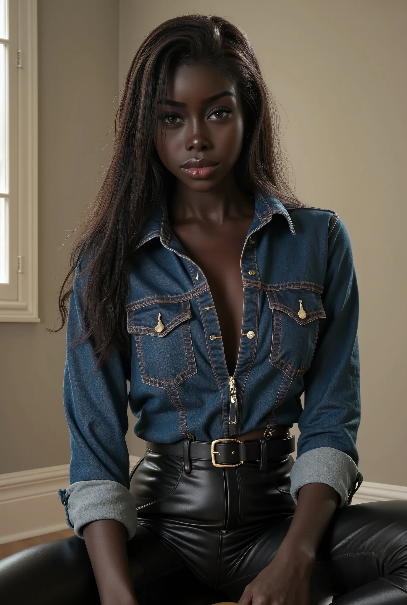 woman in a dark blue denim bust pockets shirt tucked tightly into her black leather pants. She poses in a photo studio. No cleavage. The lights are towards her. It's very realistic. Portrait photo. beautiful eyes, perfect quality, 8k, noise, 8k uhd, dslr, ultra high quality image, film grain, Fujifilm XT3,