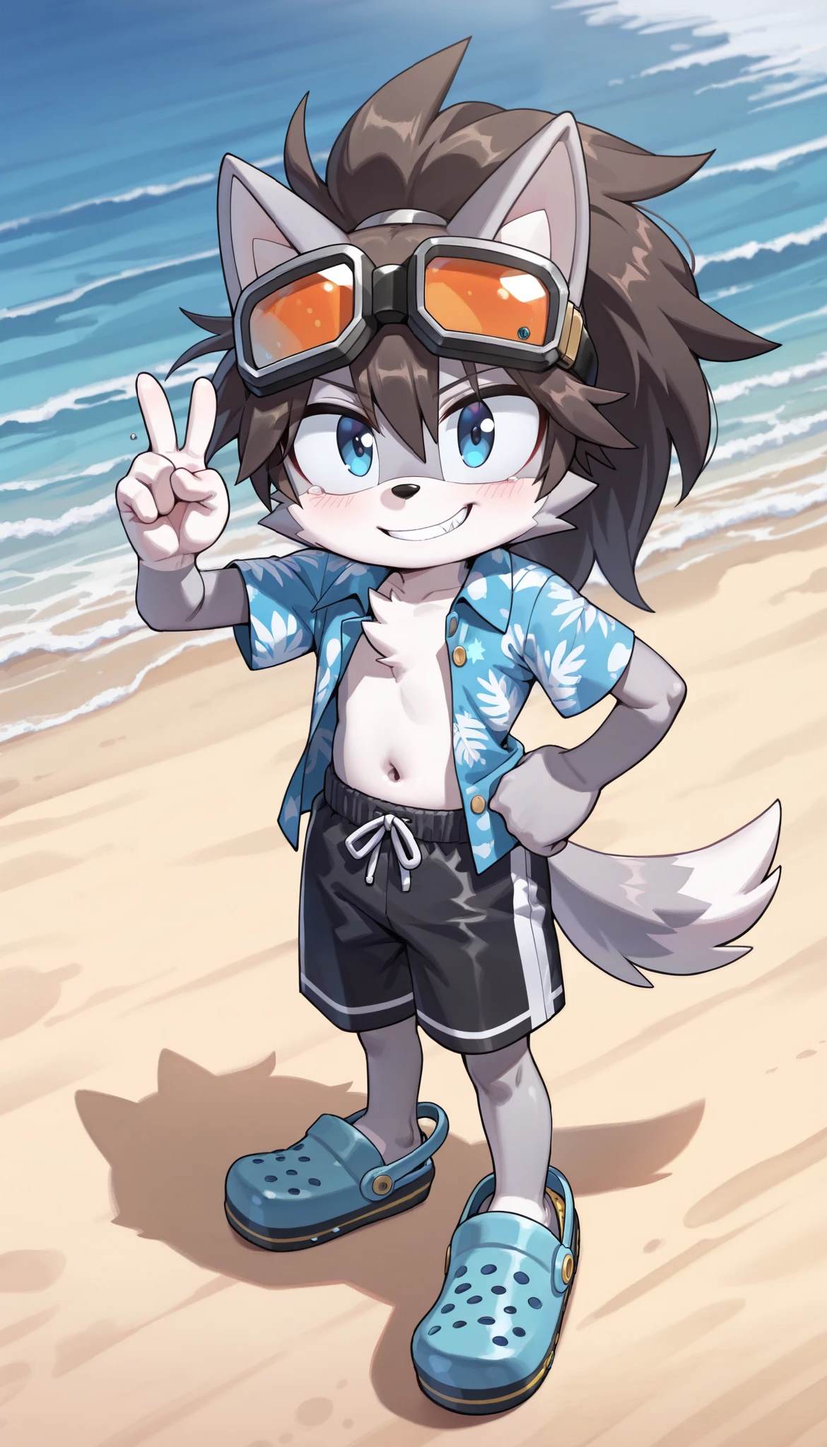 score_9, score_8_up, score_7_up, 1boy, solo, masterpiece, best quality, amazing quality, very aesthetic, absurdres, source furry, mobian wolf, blue eyes, wolf ears, wolf tail, two tone body fur, grey body fur, white body fur, black hair, messy bangs, long messy ponytail, looking at viewer, smile, oily skin, (short body, tiny body), big head, closeup, ((goggles, blue aloha shirt, open clothes, short sleeves, black swim trunks, blue crocs)), cheek tuft, navel, full body, feets with three toes, standing, v, v sign, one hand on hips, beach background,