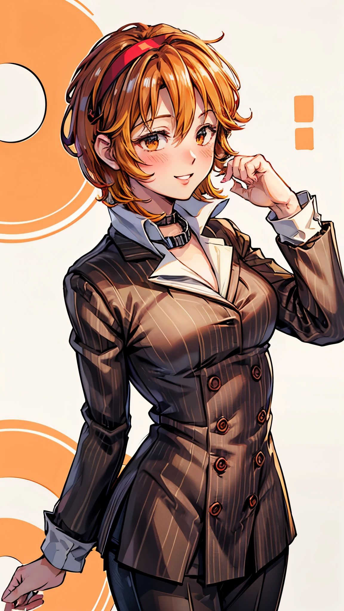 ( Super high quality, super high resolution,16k,super masterpiece,Ultra HD , detailed shading and background,)Upper body shot,Sexy woman, orange short hair, red headband , Sexy White Shirt ,black suit and pants with striped pattern,smile,blush,Open your lips a little, hold your hair with one hand,
