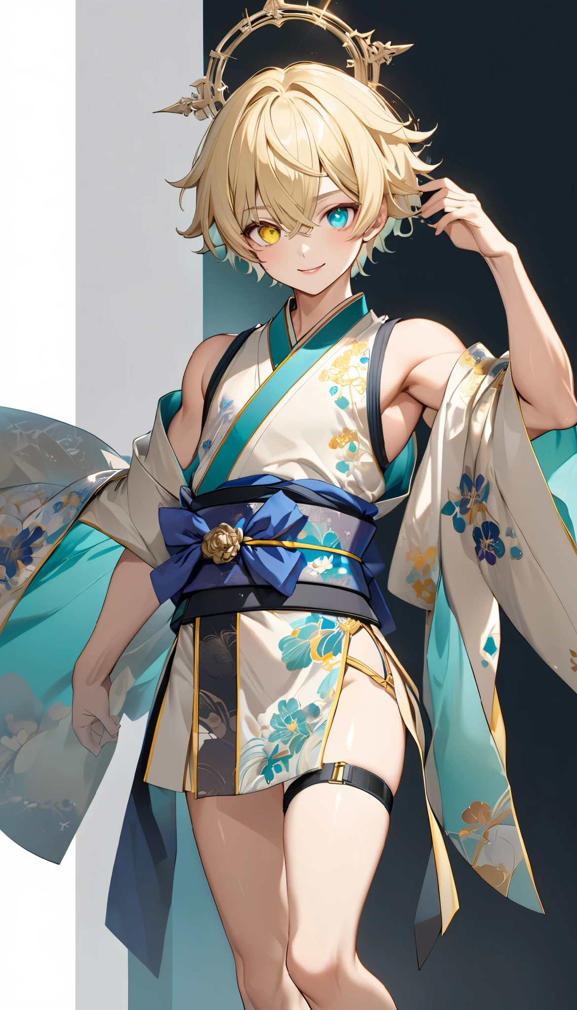 fresh illustration ,
Superfine painting,
very delicate illustration ,
Very fine details ,
1boy ,
(( standing))
Alone,
Height: 158cm,
Beige Skin,
Cheeks are ruddy,
((The iris on the left is medium aquamarine and the iris on the right is yellow ))
((Complete iris heterochromia )),
beautiful eyes,
large black pupils ,
Short short hair,
Blonde,
the tips of the hair are whitish ,
The hair has gradation ,
shiny hair with makeup,
young but beautiful and bewitching face ,
The lips are extremely small,
is smiling,
a small halo that shines brightly on the head ,
the tips of the eyebrows are slightly lowered ,
the upper body is worn in kimono ,
thin pectoral muscle,
six pack,
Slim waist,
thin legs ,
The lower body is long, transparent clothing in the style of a Chinese dress with slits on both hips,
The color of the obi is red ,,
the obi is tastefully embroidered with silver thread ,
fine fabric clothing ,
jockstrap underwear ,
the thigh strap cuts into the skin ,
Are the tips of long boots Japanese style,
Isometric,
golden ratio,
god々 atmosphere,
wearing a padded collar innerwear ,
white background,
tactical use of shadows ,
the ring of the head and hair fit inside the frame ,
Clothes fit inside the frame ,
(( full shot))
facing the front,