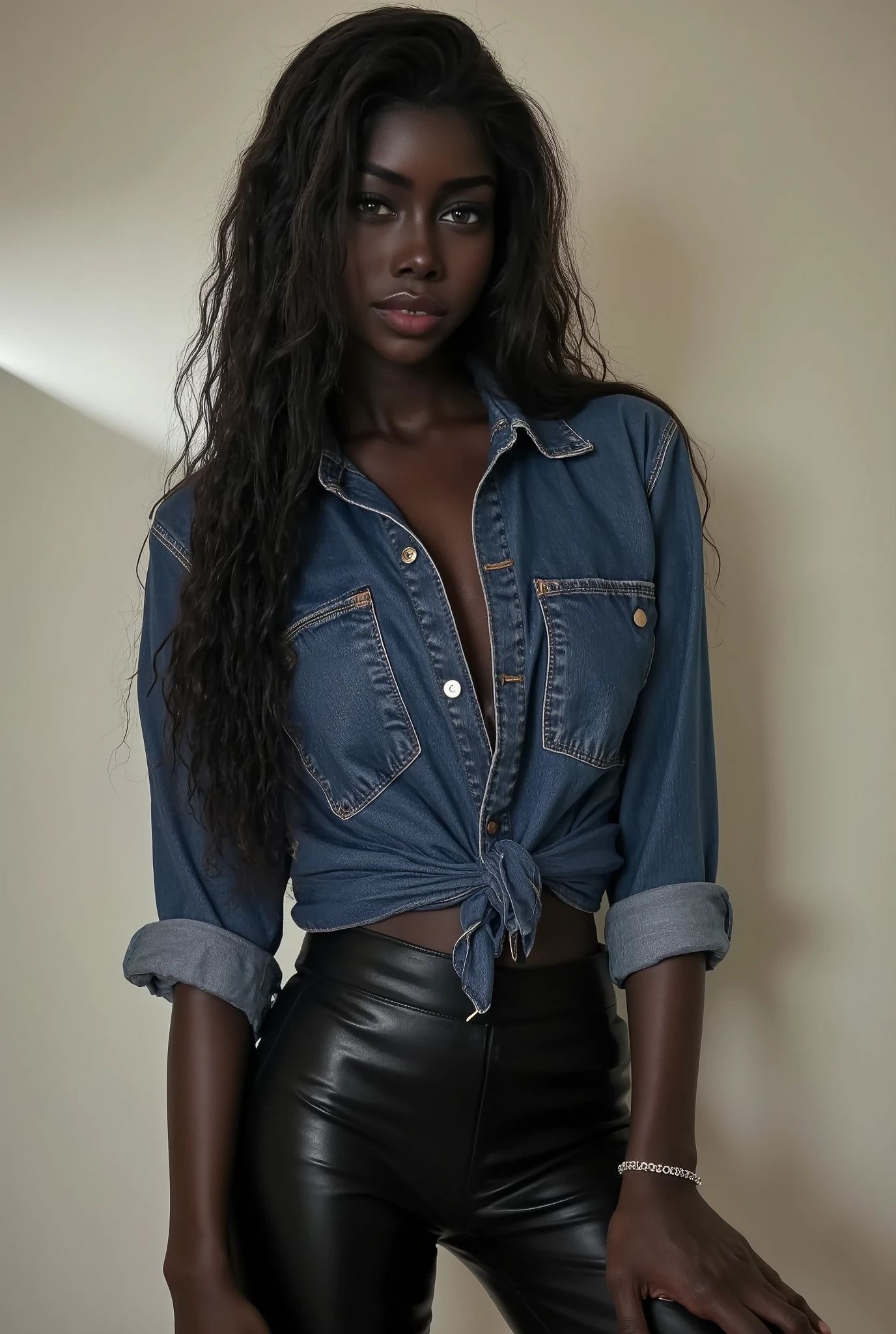 woman in a dark blue denim bust pockets shirt tucked tightly into her black leather pants. She poses in a photo studio. No cleavage. The lights are towards her. It's very realistic. Portrait photo. beautiful eyes, perfect quality, 8k, noise, 8k uhd, dslr, ultra high quality image, film grain, Fujifilm XT3,