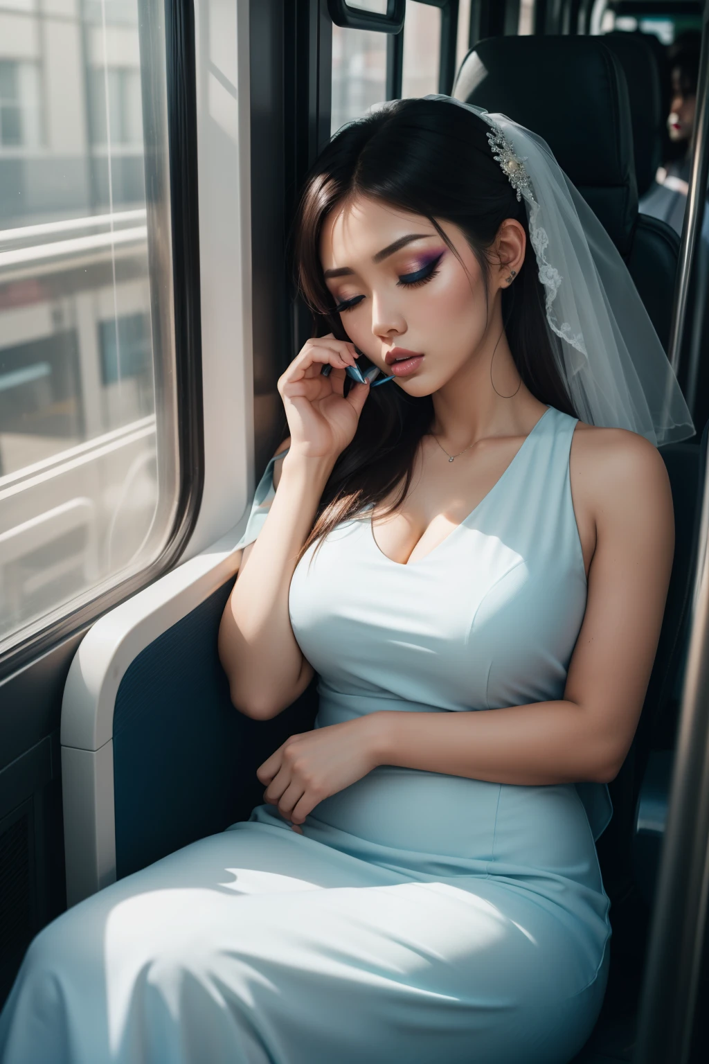 1 Beautiful woman, similar to Galilea Montijo, big eyelashes, full and shiny lips, drooling, sleeping with her mouth open, snoring, sleeping sitting on the train, head resting on the seat, dressed as a bride, eyes outlined, eyes closed.