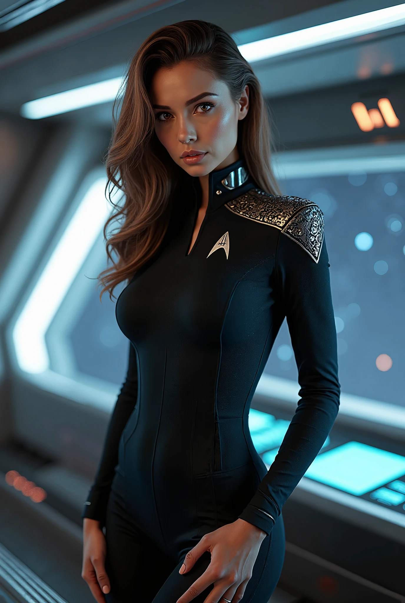photo of <lora:sevenofnine-10:0.7>, sevenofnine, a woman with ((red hair, hair up, hair in bun, fancy updo)),((pale skin)), ((cowboy shot, waist, hips, thighs):1.2), ((green bodysuit, pants, metal communicator):1.2),((detailed face, beautiful face, detailed eyes, beautiful eyes):1.1), ((lipstick, eyeliner, eye shadow):1.2),((best quality, masterpiece, extreme details):1.2) ((detailed eyes, detailed face):1.2),