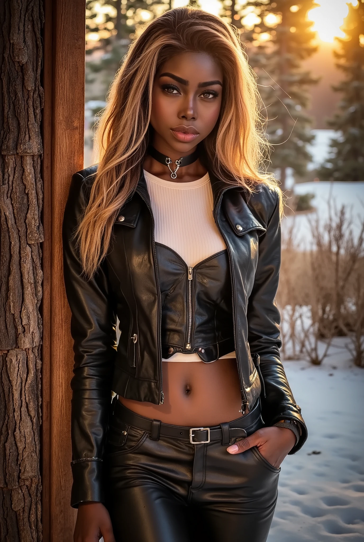 photorealism, full body, a beautiful ebony woman, dark black hair, leather puffer down jacket & latex pants, leather choker, beautiful realistic eyes; fantastic face, beautiful look, warm dreamy lighting, white background, volumetric lighting, Alaskan resort landscape sunset background, pulp adventure style, fluid acrylic, dynamic gradients, vivid color, highly detailed, simple, smooth and clean, smooth, character design, 3d shading, cinematic, ornate patterns, elegant organic framing, hyperrealism, posterized, collection of masterpieces, lush vivid colors, twilight, wet gouache