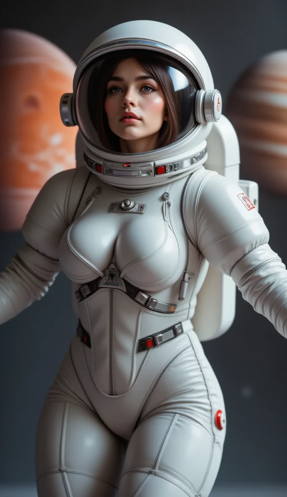 One Beautiful Woman。Detailed depiction of the face。Masterpiece。Beautiful double eyes。Passed nasal muscle。Plump and thick lips。Beautiful egg-shaped facial contours。Her black hair is neatly aligned at her forehead.。She fits snugly to the body、Like a wetsuit、Wearing a metallic combat suit。She is standing in a spaceship。8K image quality。She has big pregnant belly, She has huge breasts.