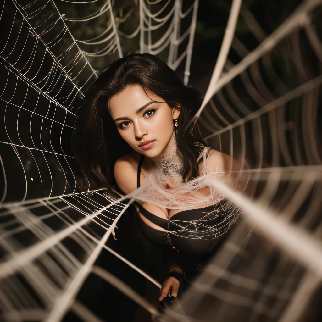 A woman stretched in the spider's web, the web is perfect, the womam try to break free
