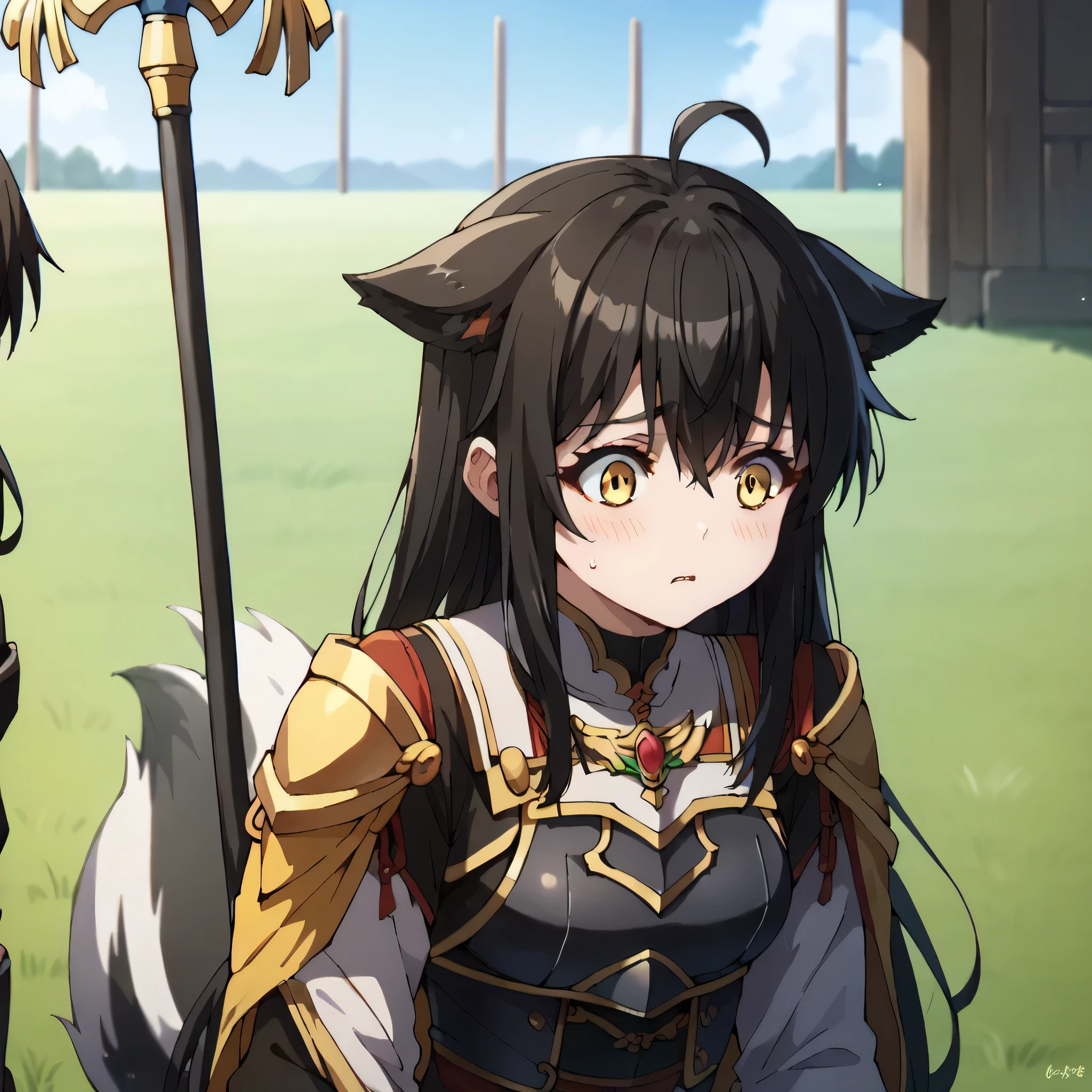 3girls, solo, masterpiece, anime, indoors,field, lighty black armor, shoulder black armor, black hair, long hair, fox ears down, skunk tail, ahoge, hair flaps, shy, amber yellow eyes, 1 girl, black outfit,