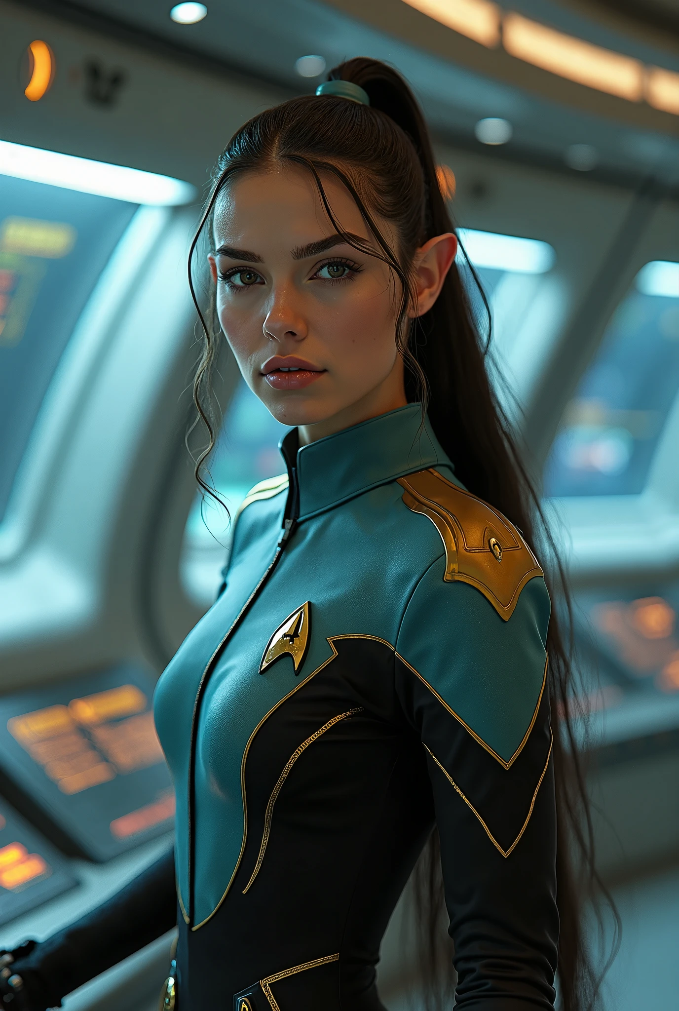 High Detail, Ultra Detail, 8K, Ultra High Resolution there are four cute and innocent girls, black hair, blonde hair, brown hair, red hair, green eyes, brown eyes, black eyes, say hello to first officer Leonard Nimoi (Spook in the star trek tv series) inside a spaceship, adding to the playful atmosphere, (masterpiece), the best quality, expressive eyes, perfect face, Star Trek style. lingerie,
(masterpiece), excellent quality, expressive eyes, perfect face
