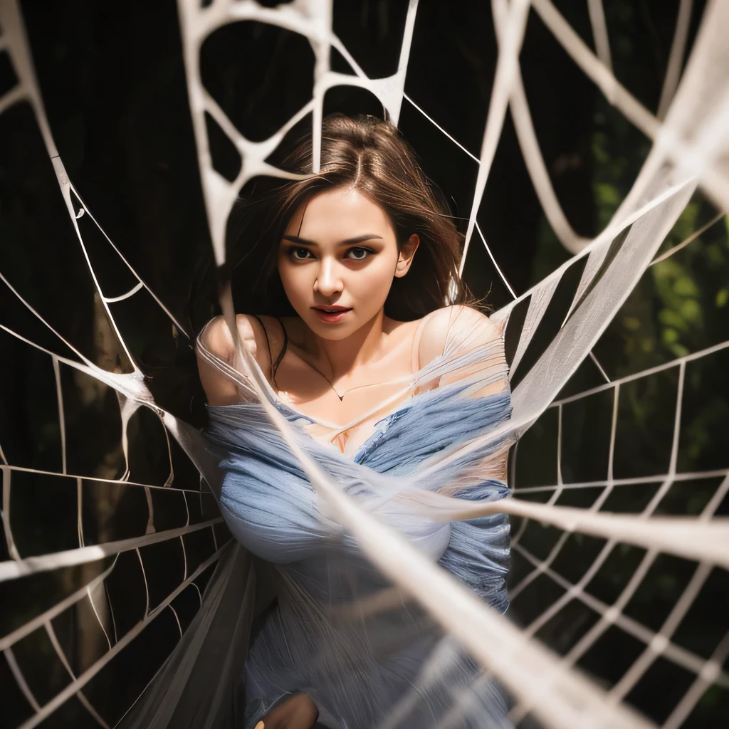 1girl,Spider weaves a net on a girl, very realistic, very detailed,bed,stretched, dark cave, struggle in the net,brown haired, very long sheer dress,hang,green bra,gagged