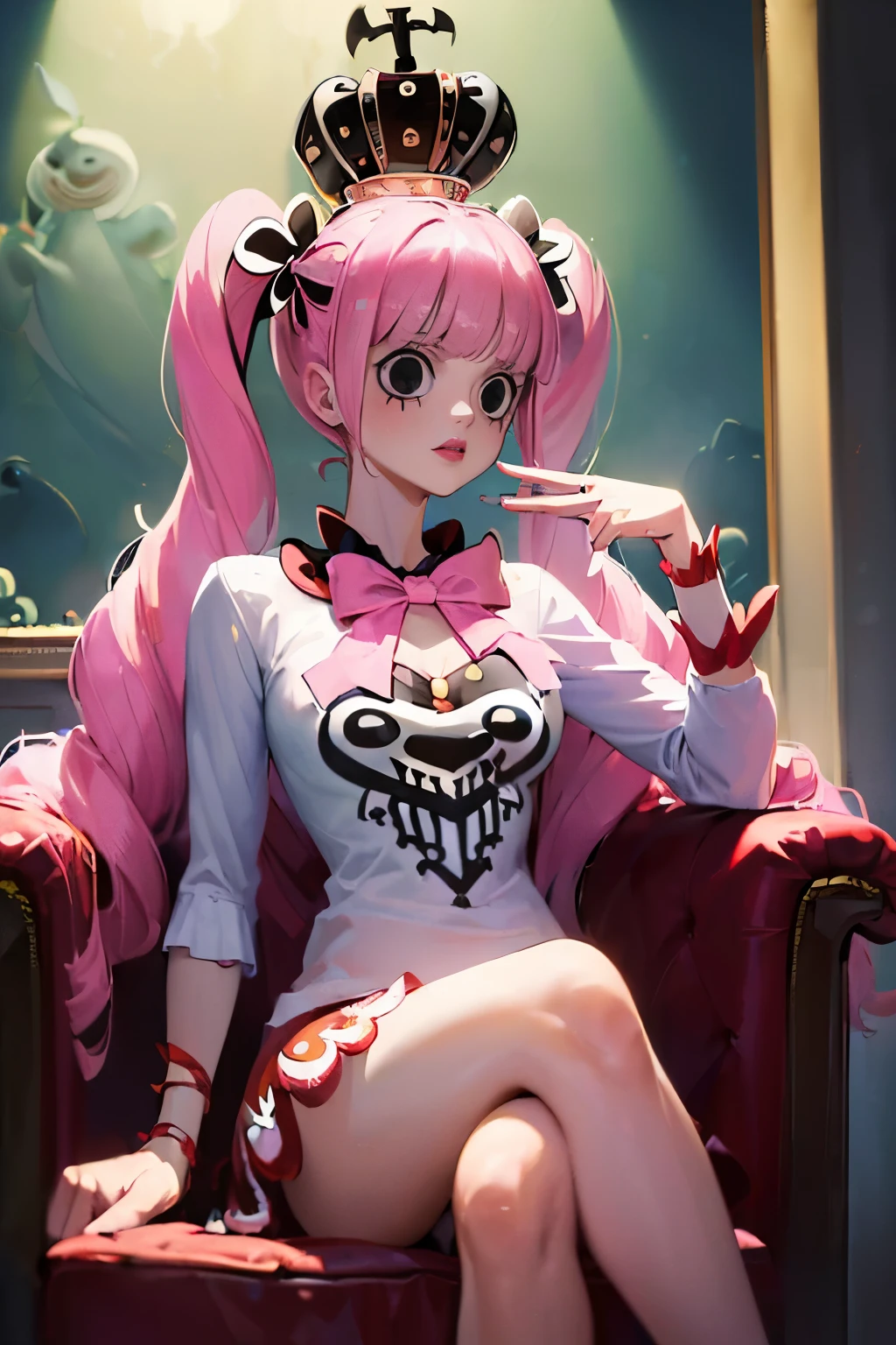 (((masterpiece:1.4))), (highest quality:1.4), (Ultra-high resolution:1.4), (best quality:1.2), (ultra detail:1.3), 16K, (((Tim Burton style))), with a handmade premium look, (((Perona))), onepiece, Wearing a crown, Pink twin tails, Long Hair, Have a stuffed bear, Kumasi, There are white transparent hologhosts floating around, sitting on an antique chair, Crossing your legs,