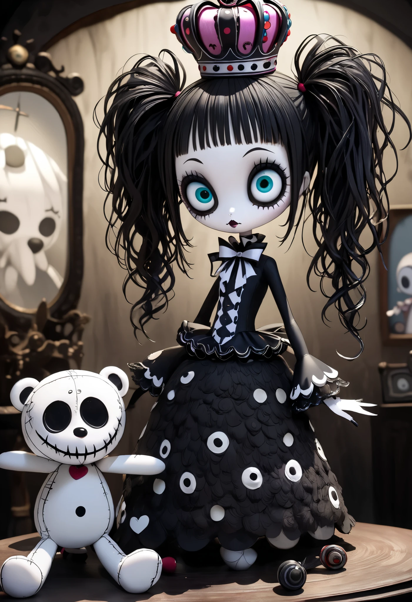 (voodoo doll crochet toy:1.7), (voodoo doll in Addams Family setting:1.3), (clothing: gothic patterned outfit:1.0), (accessories: Addams Family hand, haunted floating objects:1.3), (background: creepy mansion with cobwebs, creepy decor and Addams Family atmosphere:1.2), best quality, masterpiece, detailed soft oil painting, detailed background, dramatic cinematic lighting, soft edge lighting, professional, dramatic lighting, hard edge lighting, ultra quality, 4k,masterpiece, best quality, 8k, ultra highres, highres, extremely detailed