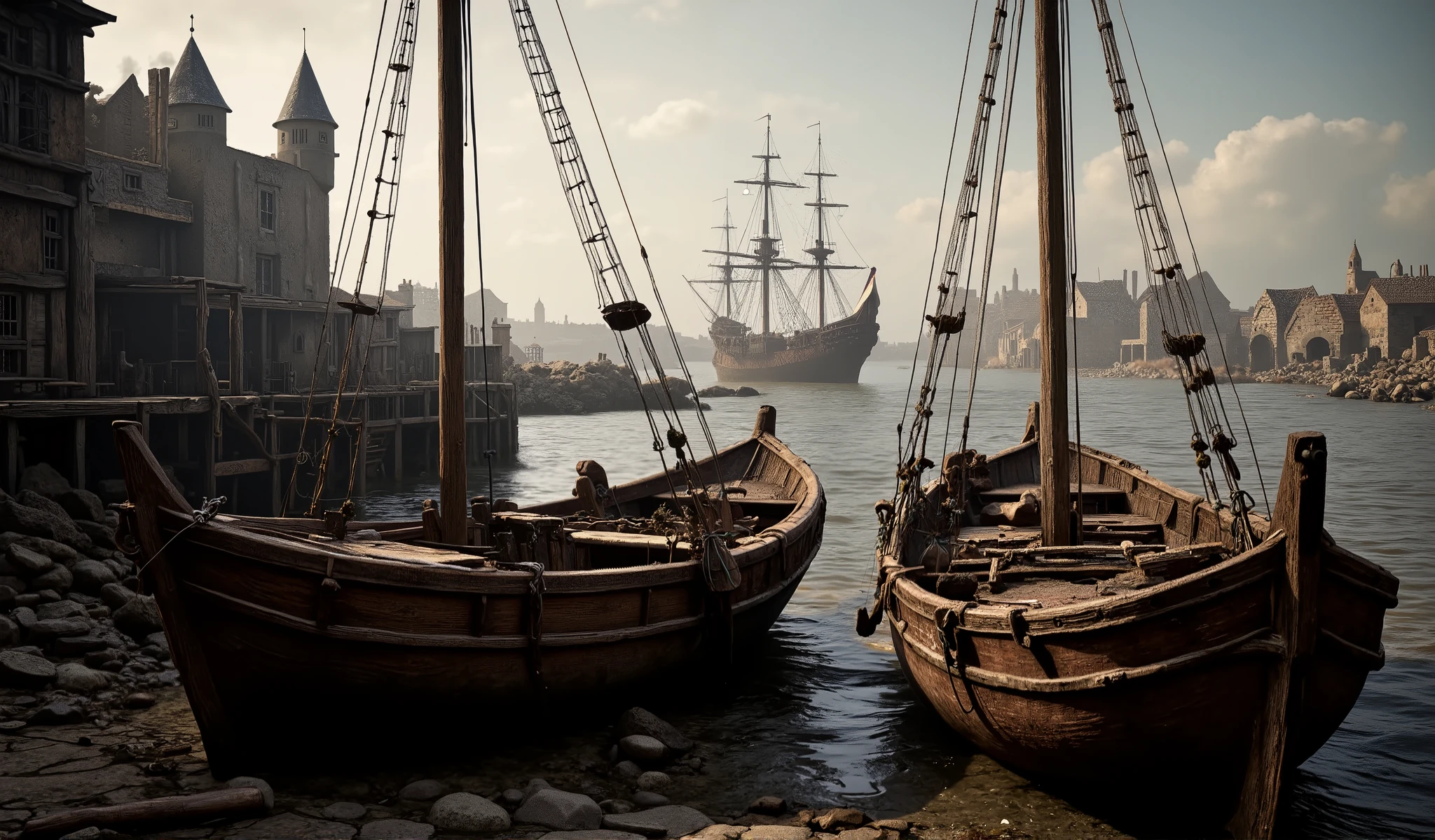 Medieval shipyard, 2 small fishing boats with 1 mast each near the shore in the water. and 1 warship.