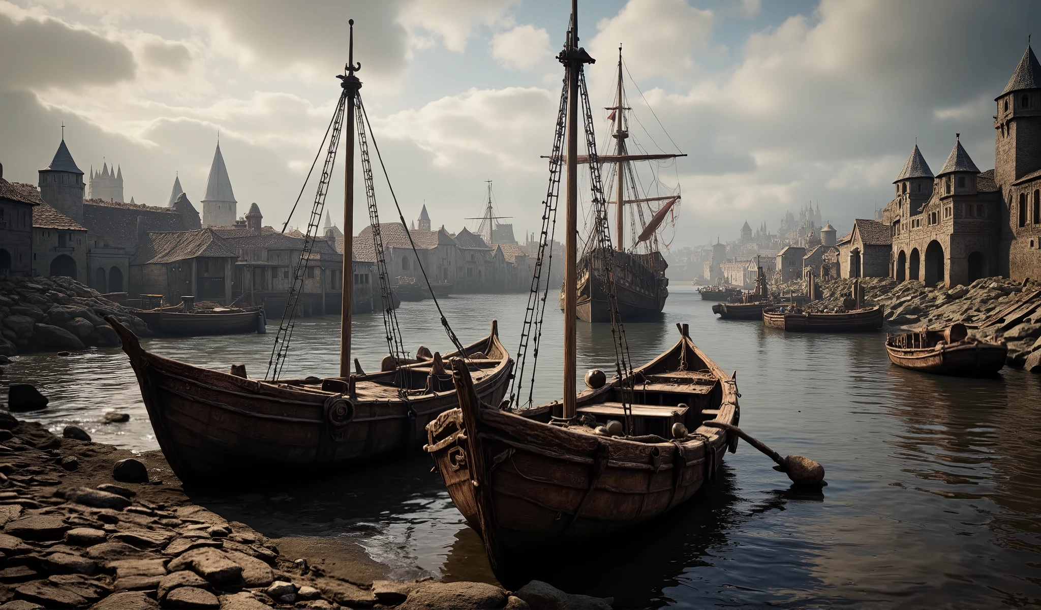 Medieval shipyard, 2 small fishing boats 1 mast each at the shore in the water. and 1 warship.