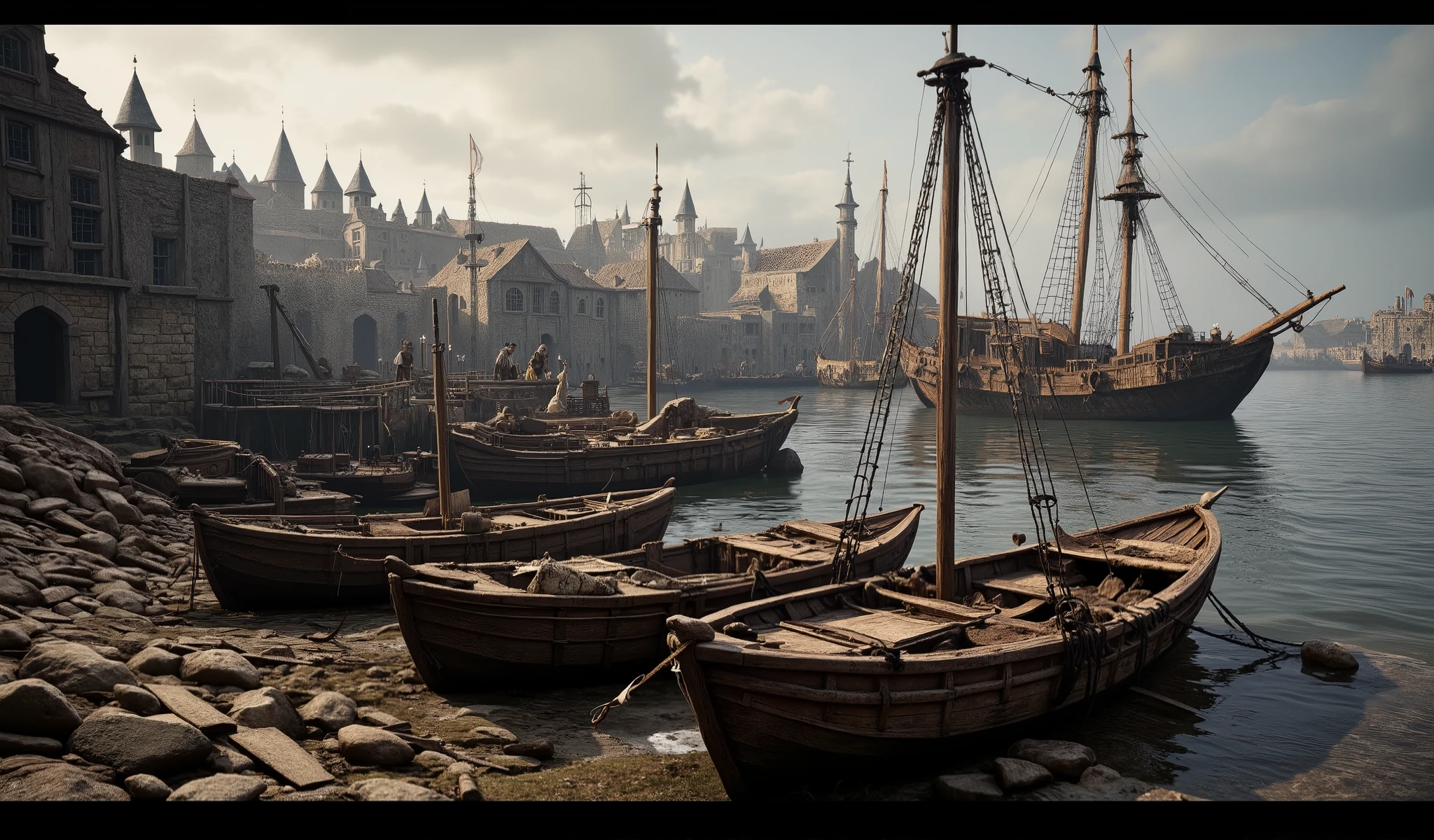 Medieval shipyard, 2 small fishing boats, 1 mast each near the shore in the water. and 1 warship.
