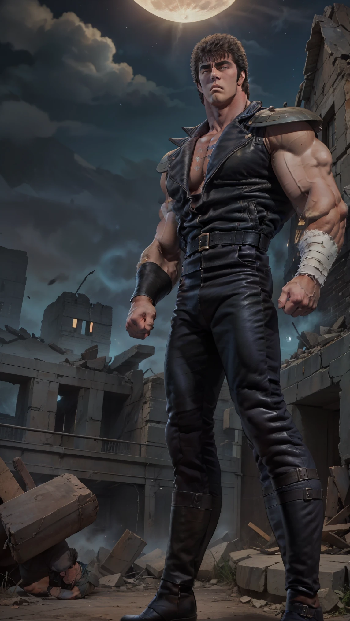 8k images、Realistic、Kenshiro of Fist of the North Star(:1.5)、Muscular、Fearless Face、Bad mood、Open your eyes、look down、Looking down、Blue-black leather jacket、red_Undershirt、ruins、strobe、Photograph from the feet up、Combative posing、Standing、Intimidation、Giant Moon、Leather boots、