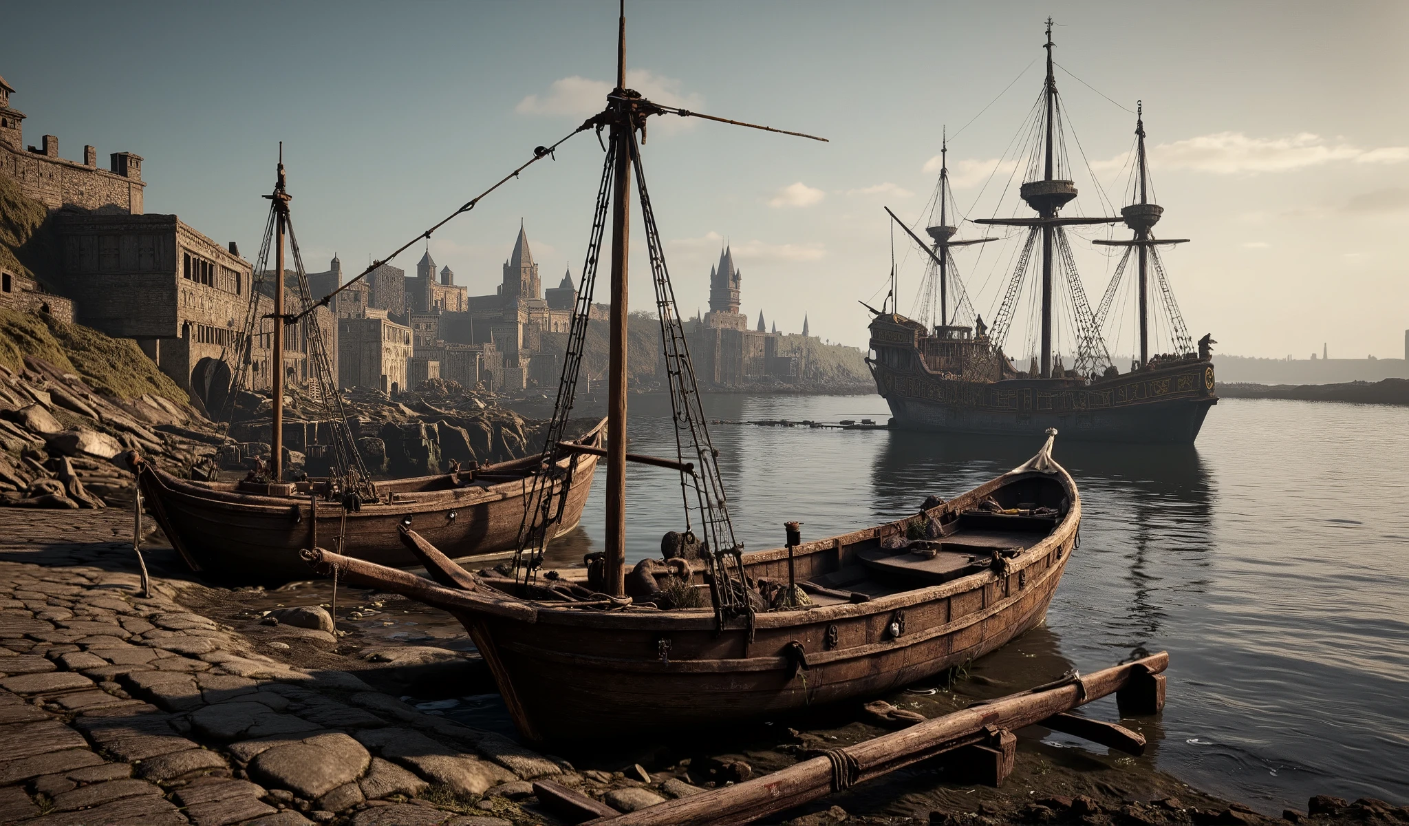 Medieval shipyard, 2 small fishing boats 1 mast each at the shore in the water. and 1 warship.