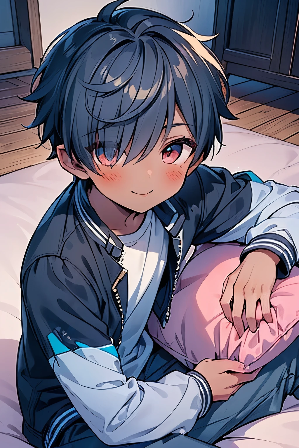 ((1-boy :1.5)),((male性:1.25)),((male:1.2)),a boy holding a cushion and holding it on a floor full of pink and red objects,short hair and frizzy hair, holding, hair over one eye,, hair ornament, jacket, pointy ears,black jacket, smile,((dark skin body:1.35)),