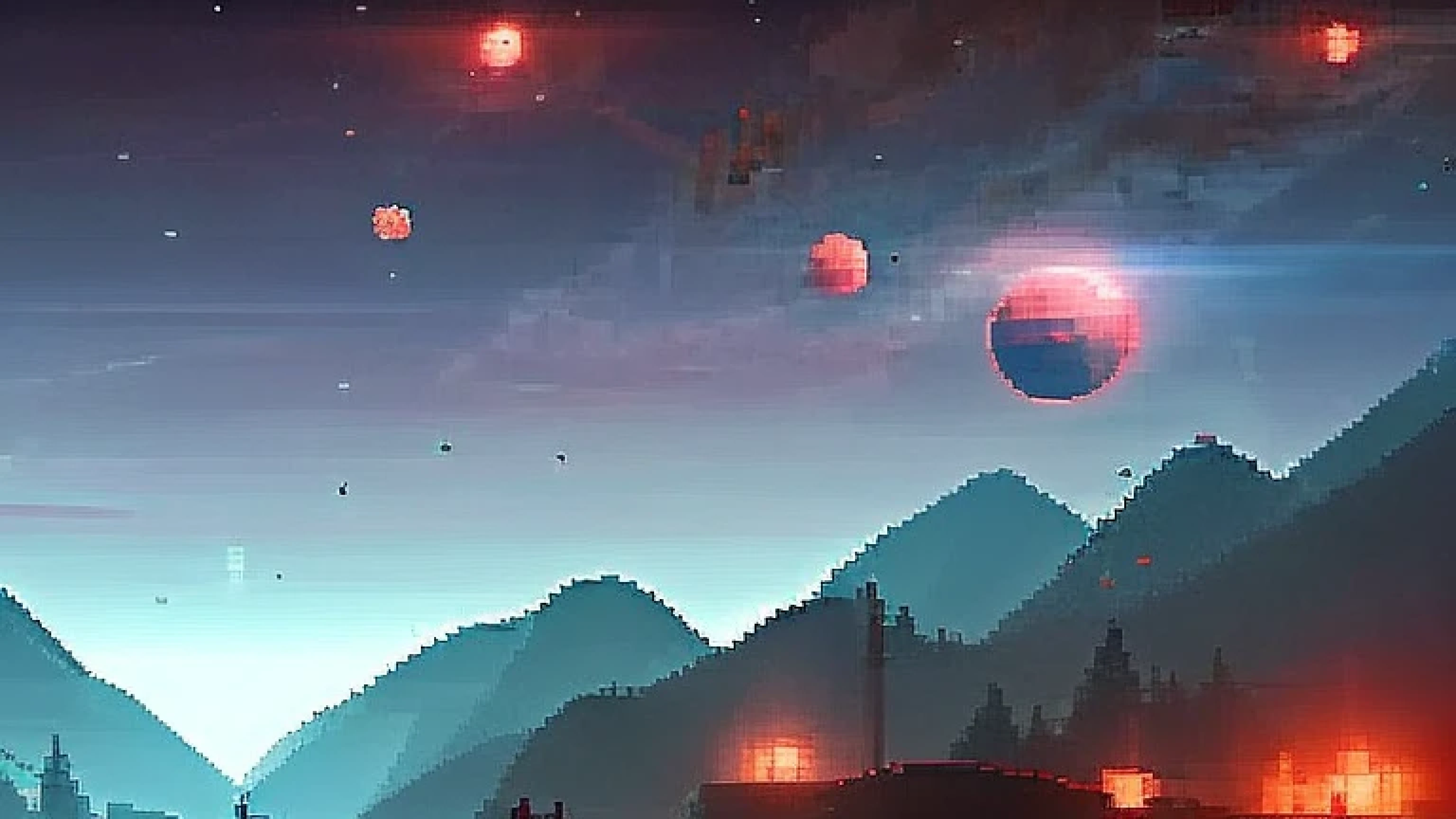 Create a landscape of an ancient planet in an ultra technological world with an ultra realistic Cyberpunk Gamedesign Pixel 1 light.2 mountains orchestral image