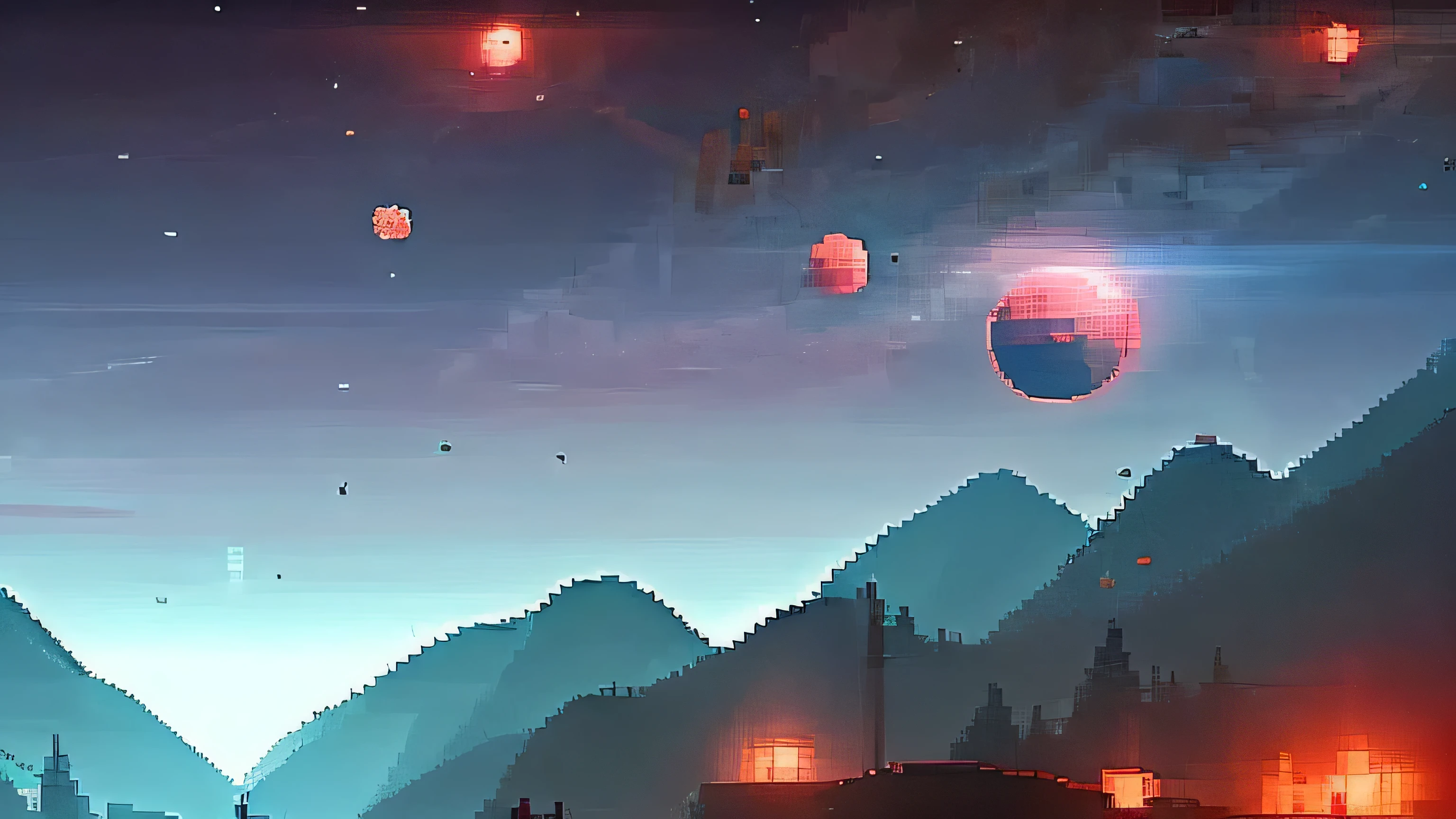 Create a landscape of an ancient planet in an ultra technological world with an ultra realistic Cyberpunk Gamedesign Pixel 1 light.2 mountains orchestral image