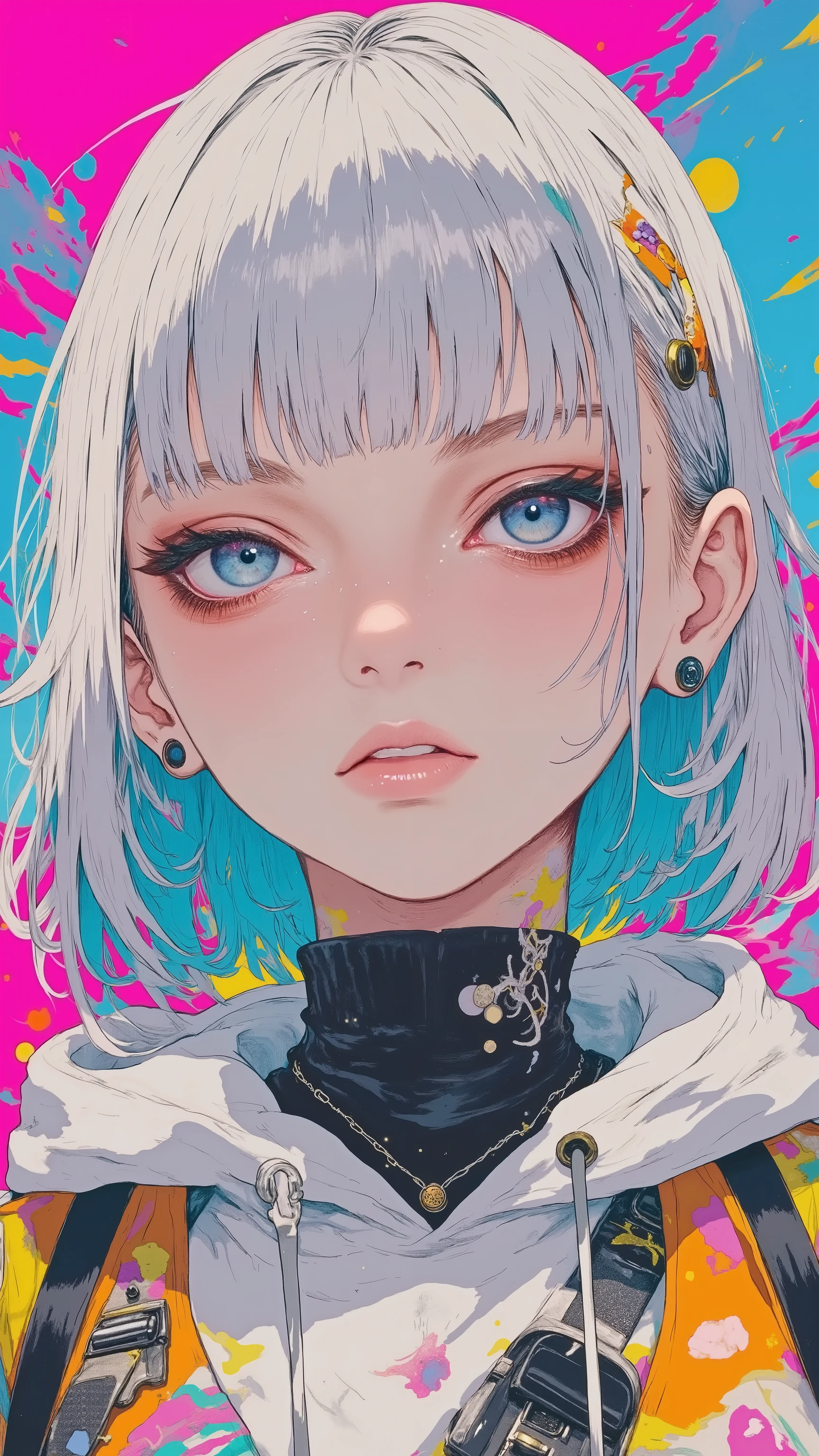8k, masterpiece, highest quality, Korea's Beautiful Women, Close-up, frontal, partially obscured, hood, white-blue hair, large eyes, vibrant blue irises, painted skin, orange streaks, serious expression, dark collar, colorful accessories, gadgets, hooded top, safety vest, pink, blue, yellow, orange, neon, bold, illustrative, smooth lines, bold colors.