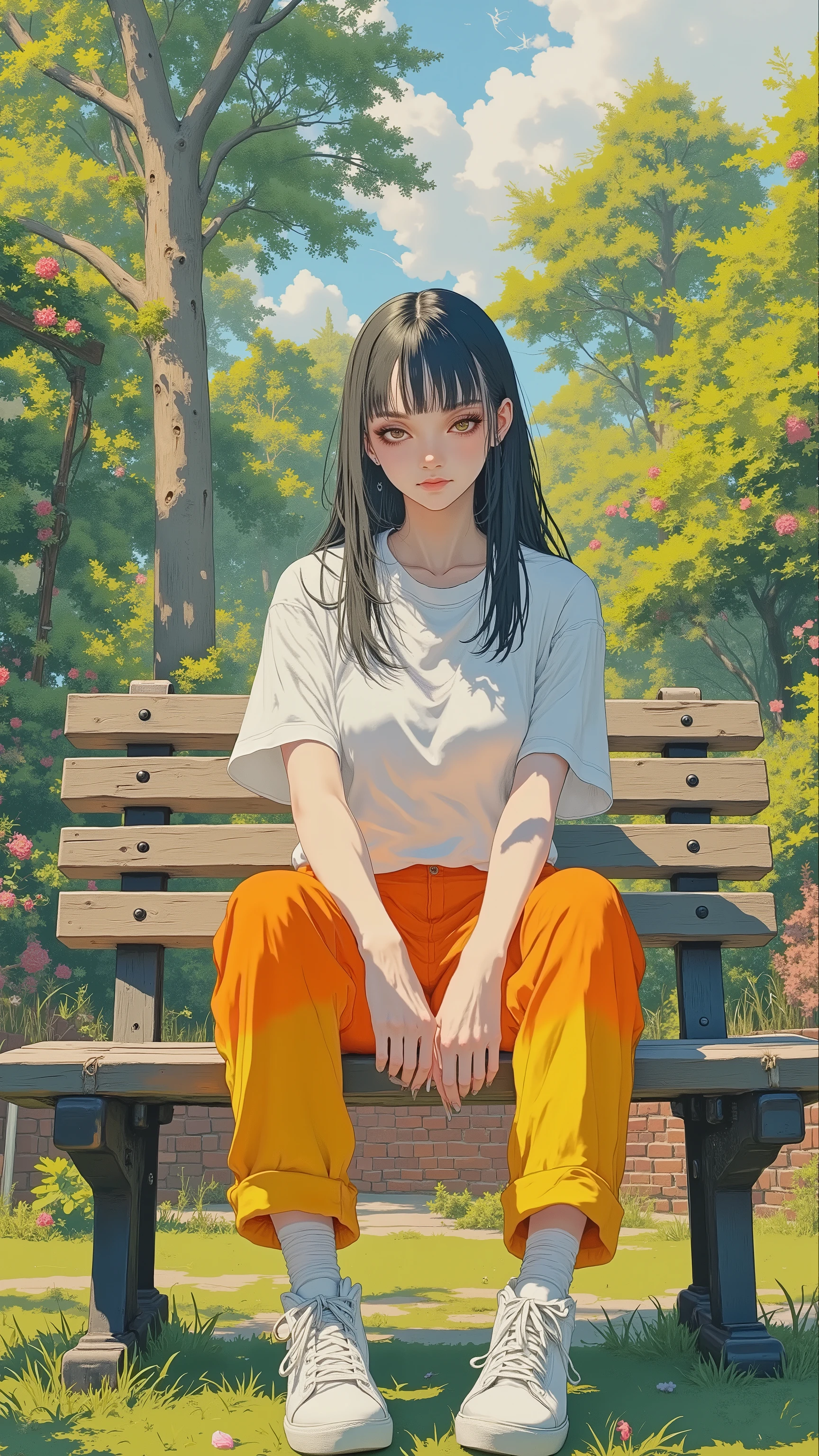 8k, masterpiece, highest quality, Surrealism, vibrant, Korea's Beautiful Women,  Low-angle, sitting on wooden bench, white t-shirt, ombre yellow to orange leggings, white sneakers, lush garden background, soft natural lighting, casual pose, long dark hair, subtle makeup, serene expression, brick border, green lawn