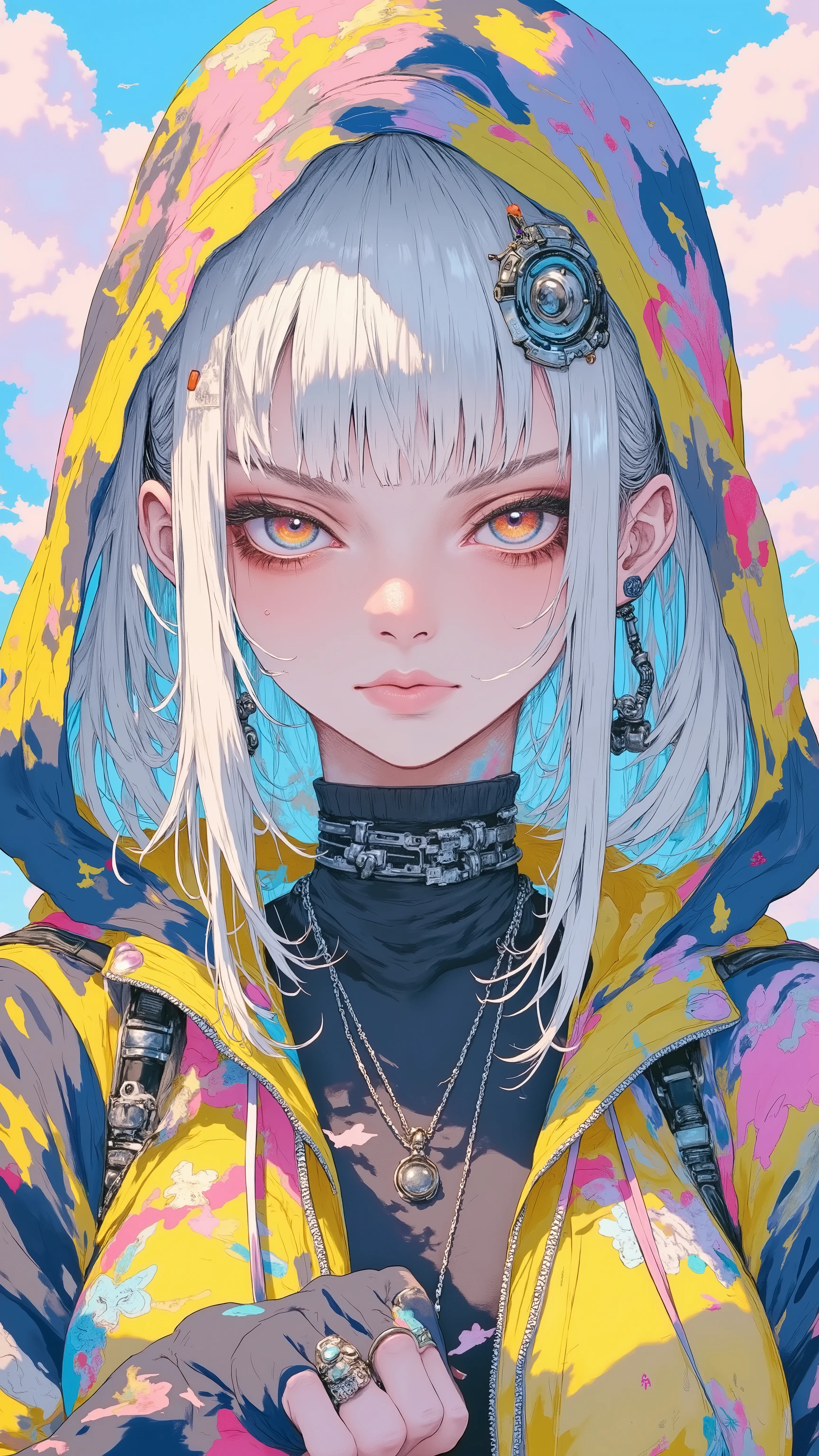 8k, masterpiece, highest quality, Korea's Beautiful Women, Close-up, frontal, partially obscured, hood, white-blue hair, large eyes, vibrant blue irises, painted skin, orange streaks, serious expression, dark collar, colorful accessories, gadgets, hooded top, safety vest, pink, blue, yellow, orange, neon, bold, illustrative, smooth lines, bold colors.