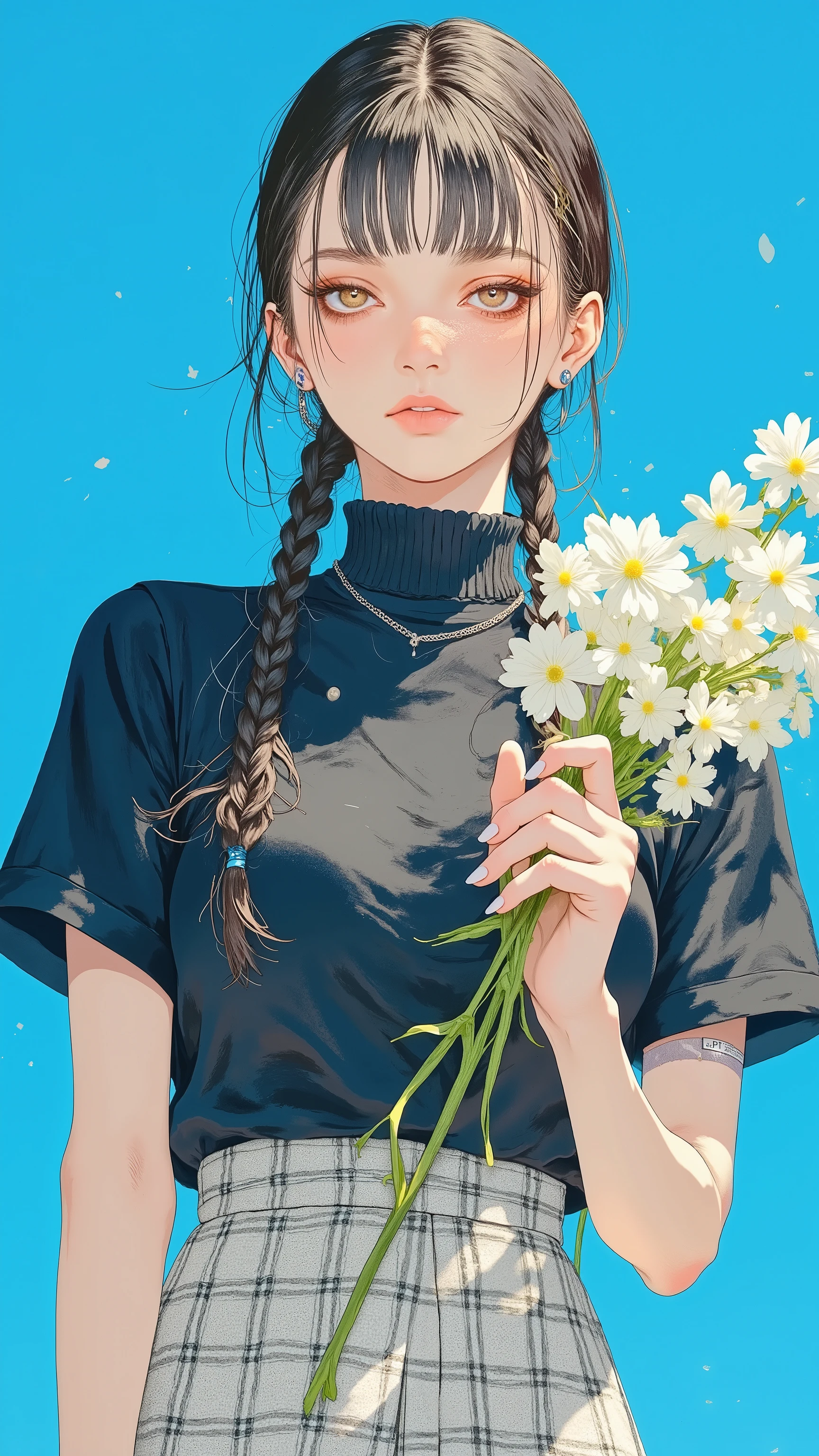 8k, masterpiece, highest quality, Surrealism, Korea's Beautiful Women, braided hair, retro style, black button-up top, plaid pleated skirt, holding white flowers, bright blue background, studio lighting, fashion photography, vintage aesthetic, pastel colors, high contrast, clean composition